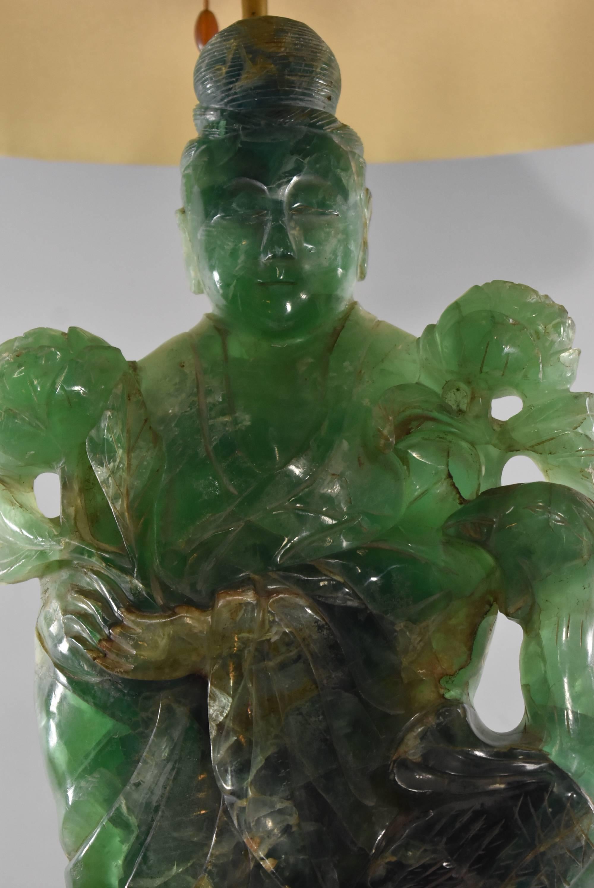 20th Century Carved Green Quartz Lamp with Statue of Quan Yin with Peacock