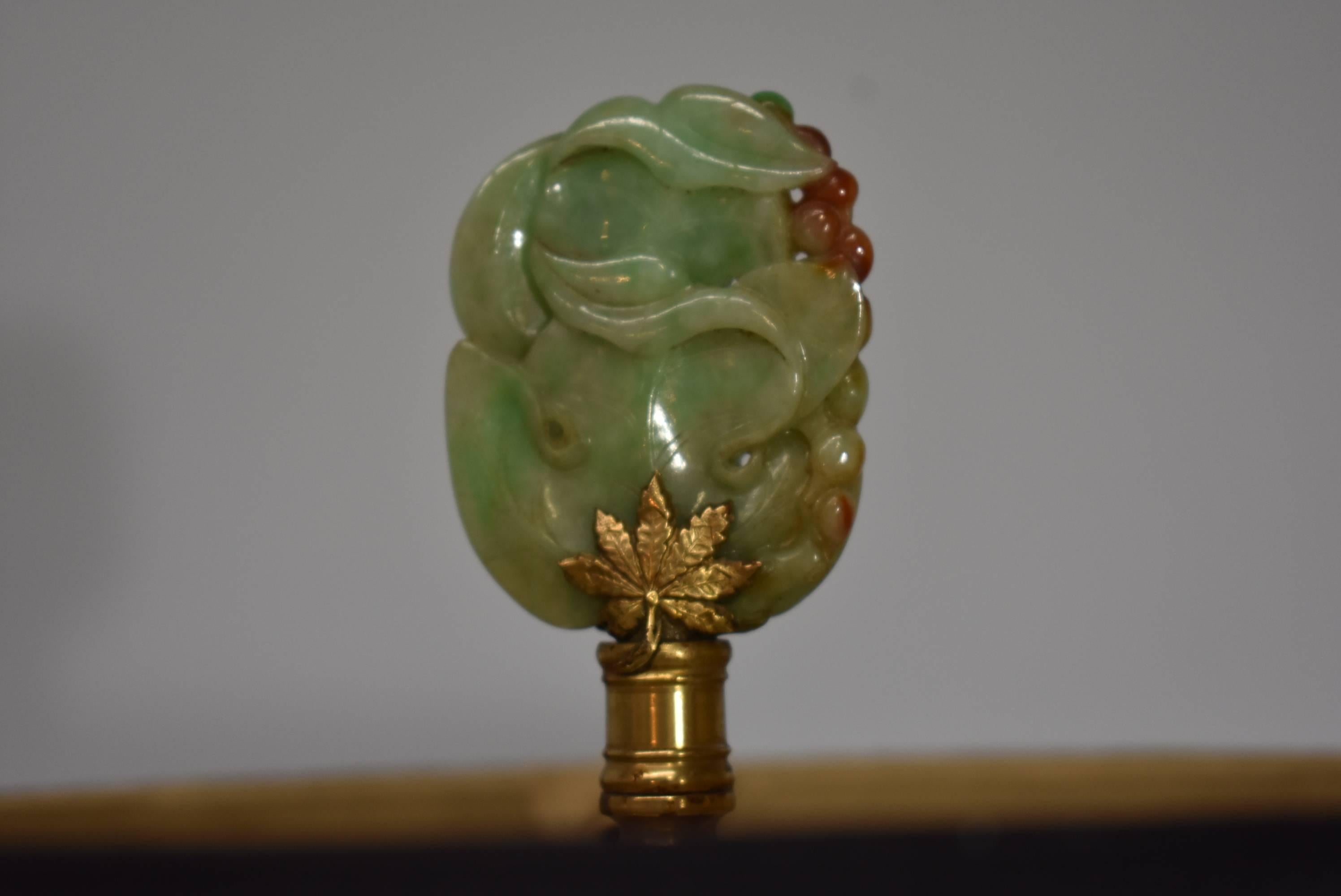 Carved Green Quartz Lamp with Statue of Quan Yin with Peacock 4