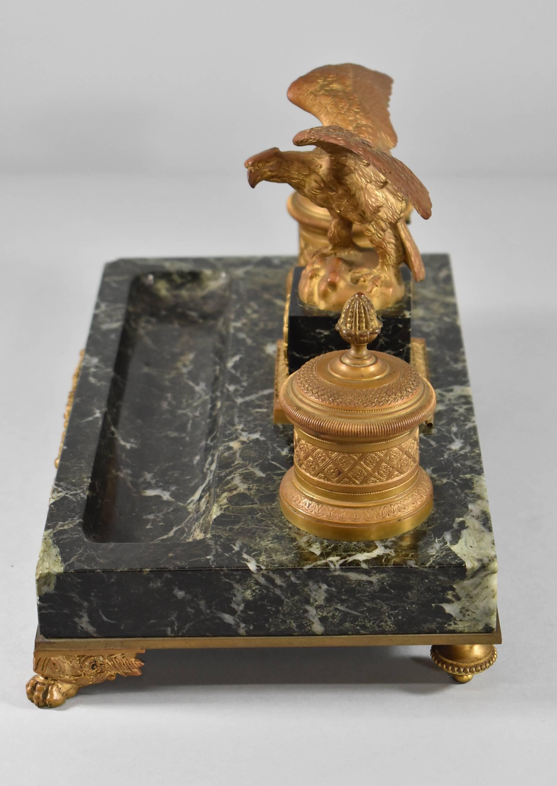 19th Century French Gilt Bronze and Marble Inkwell with Eagle 1