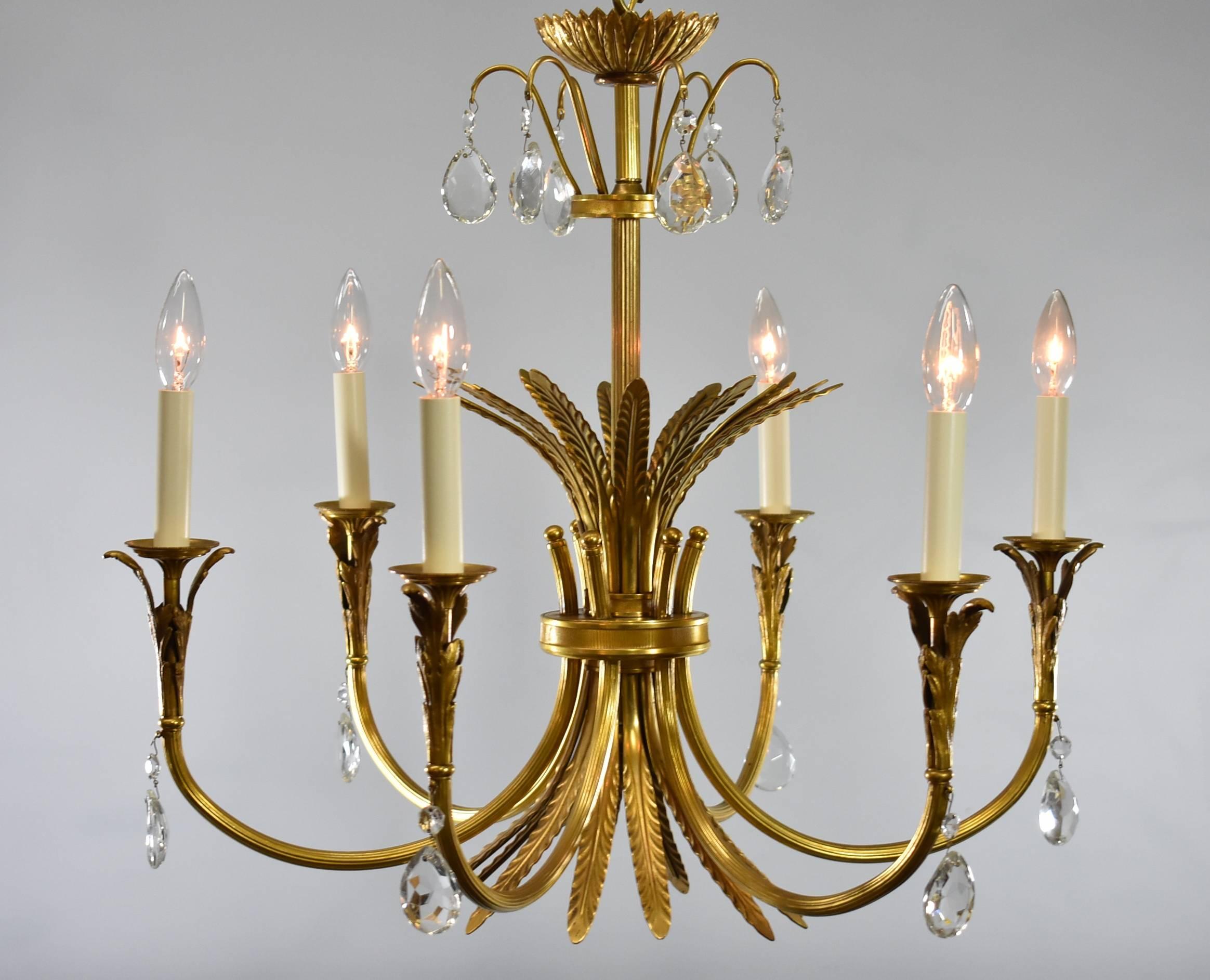 Italian Neoclassic Style Six-Arm Brass and Crystal Chandelier In Good Condition In Toledo, OH