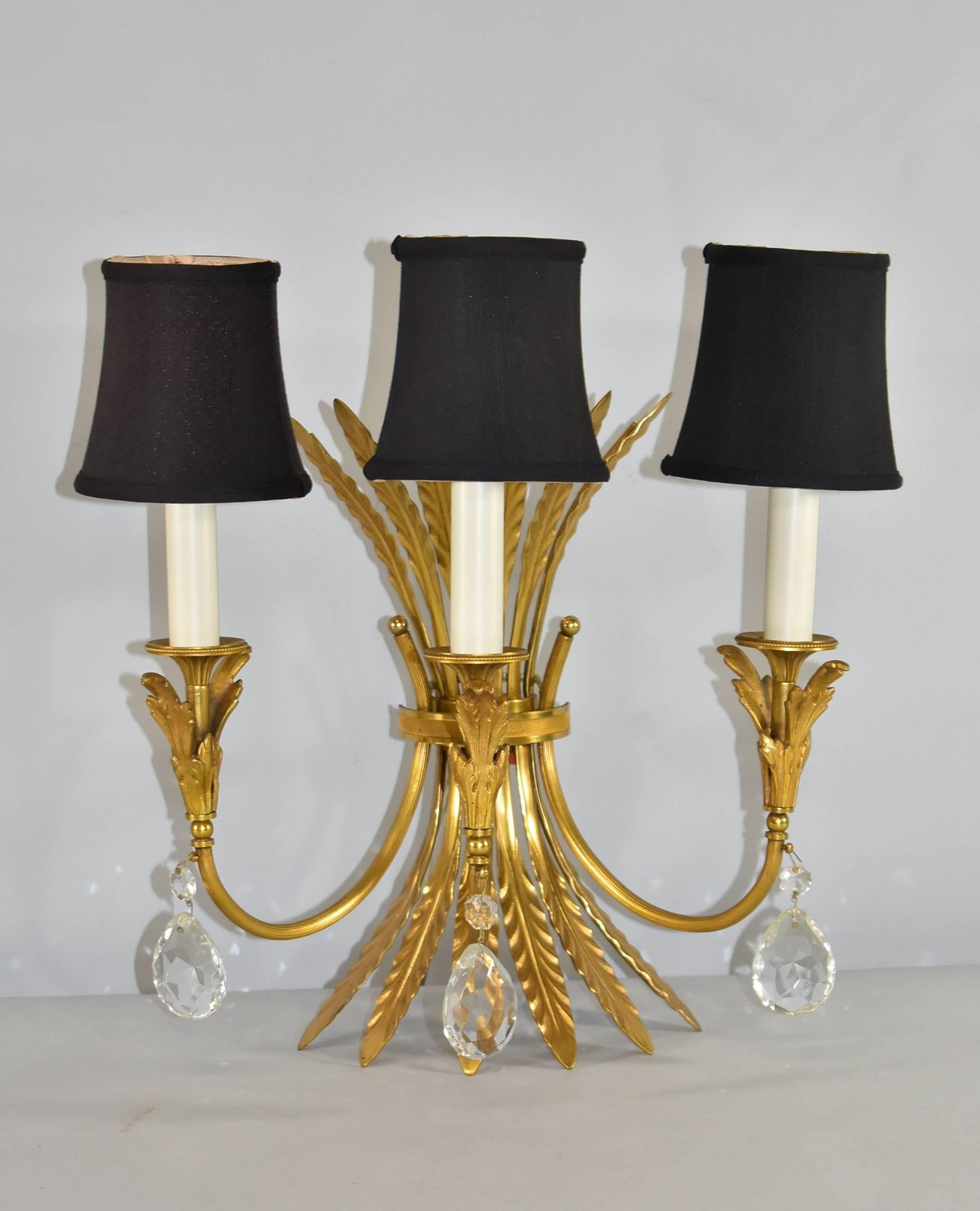 Pair of Italian Neoclassic Style Three-Arm Brass Wall Sconces 1