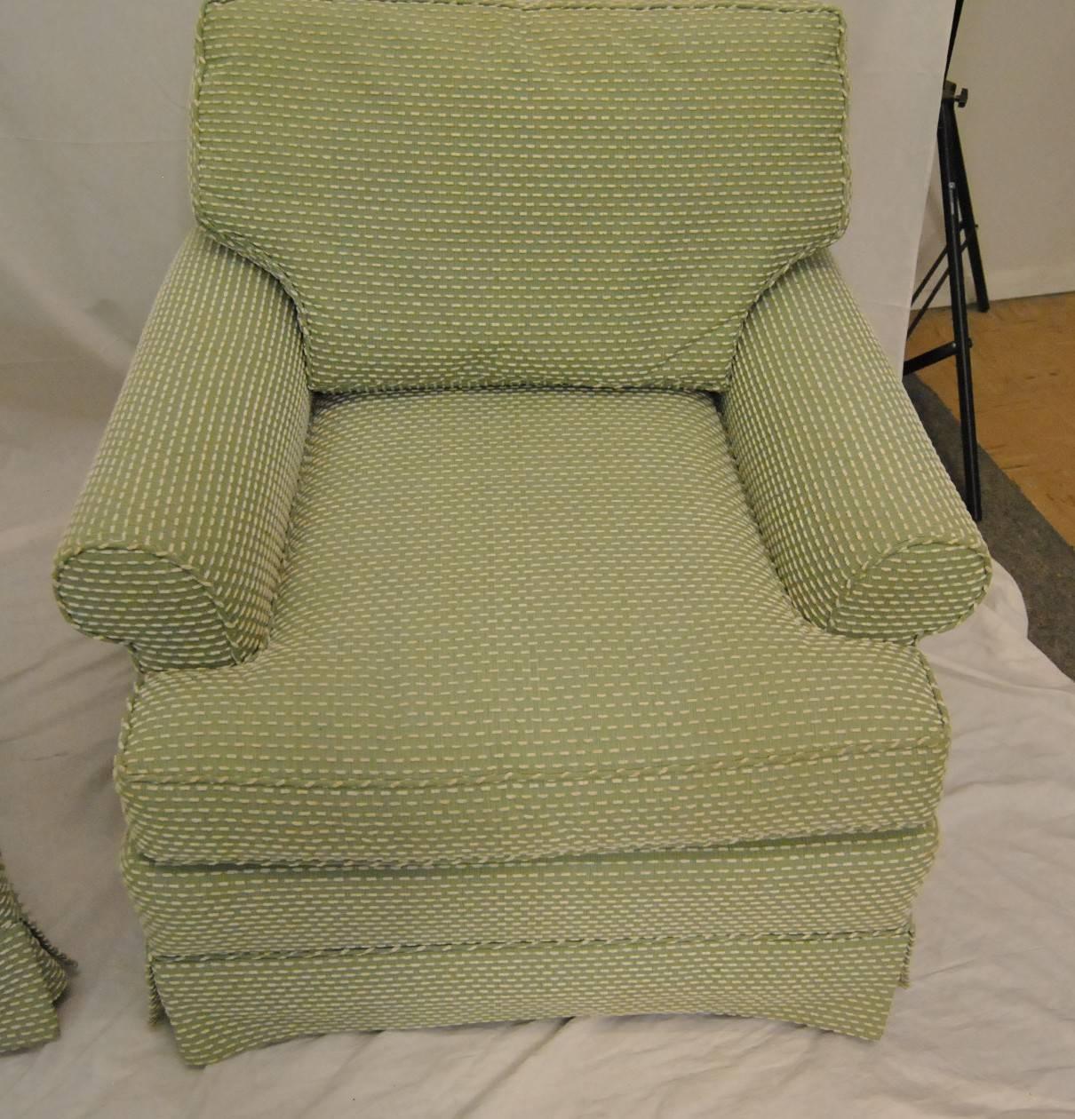 Pair of Skirted Mint Green & Cream Upholstered Occasional Lounge Chairs by Baker In Good Condition In Toledo, OH