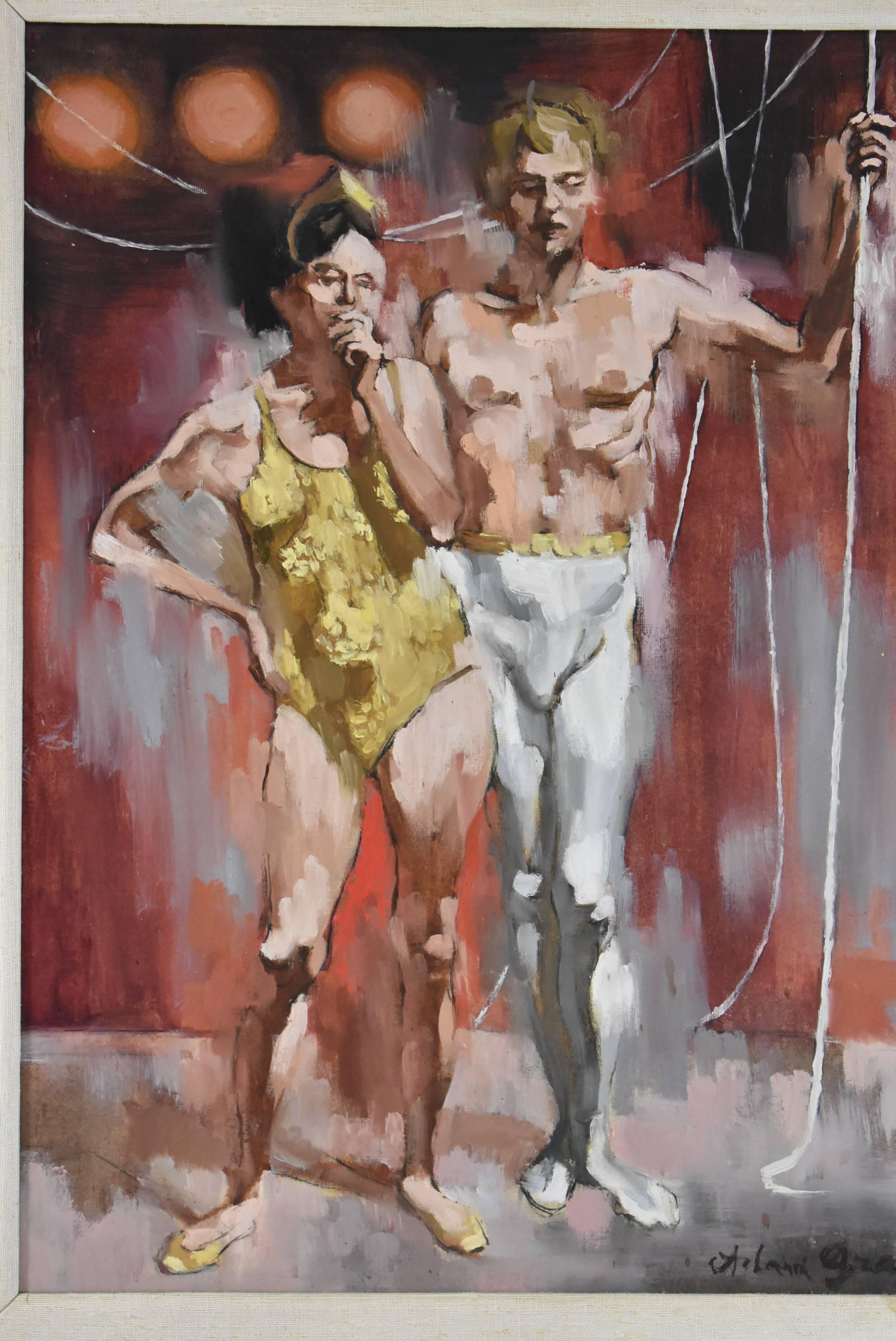 A great oil on board by Adam Grant. This work is titled “Circus Couple” and shows two acrobatic performers. Artist signed in lower right hand corner. Original artist tag on the back from 1970s shows title and price at that time. Also attached to the