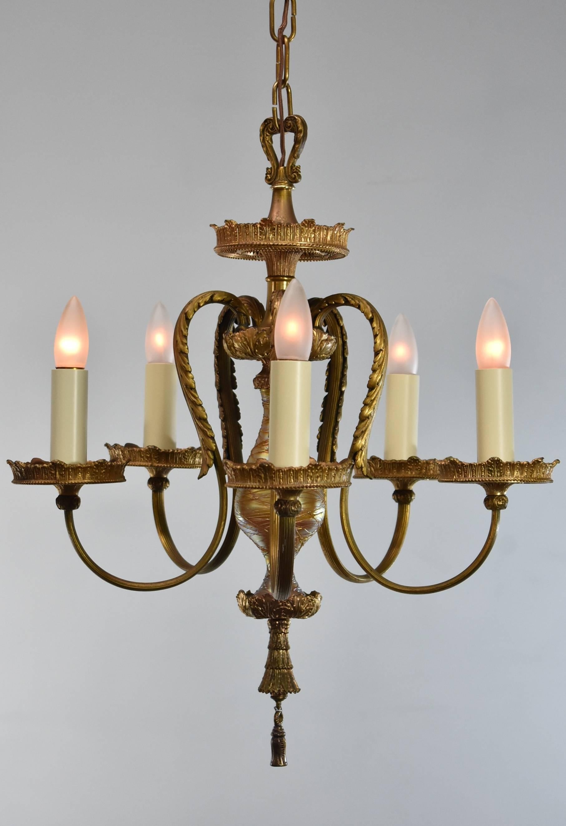 20th Century Durand Art Glass Five-Arm Chandelier with Gold Dore For Sale