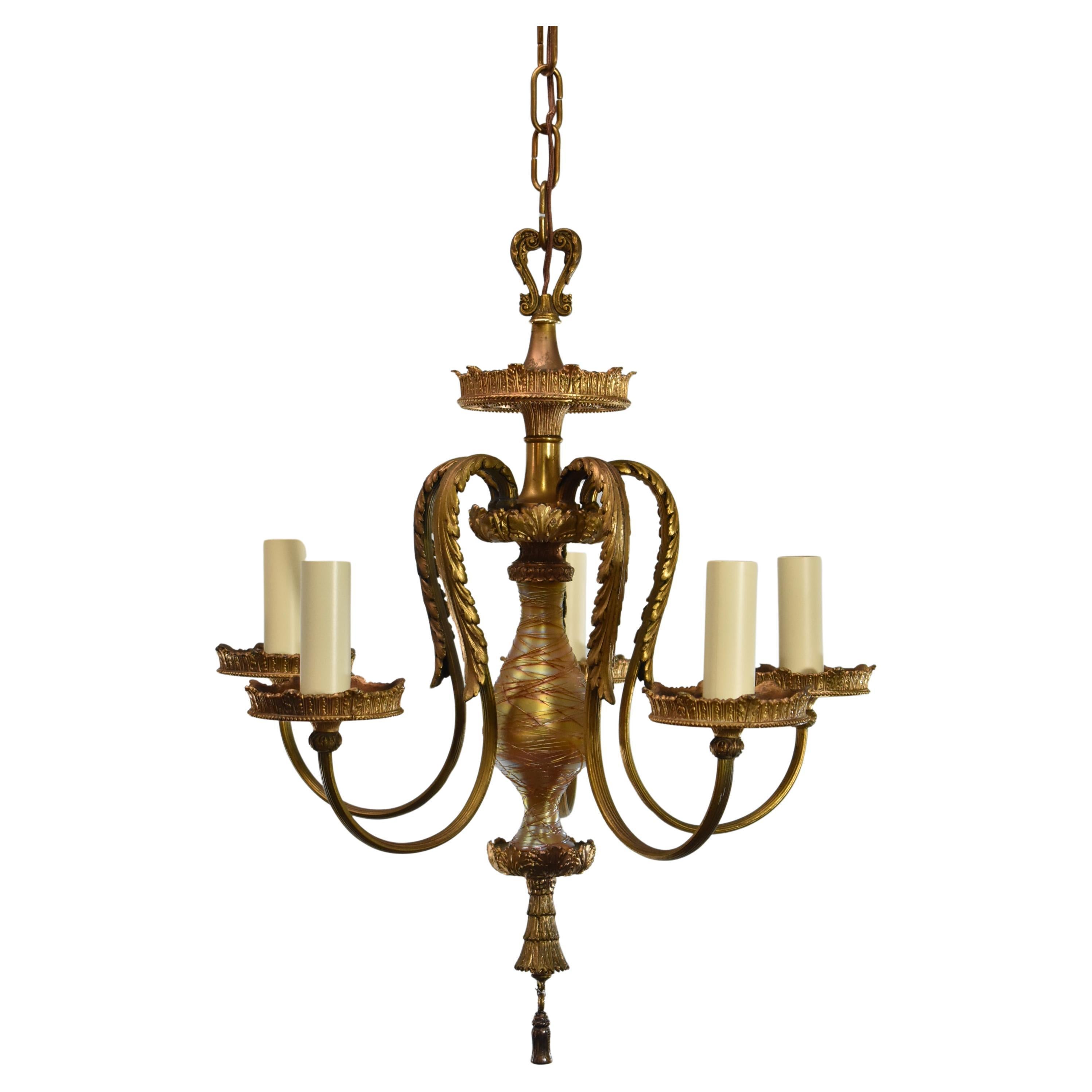 Durand Art Glass Five-Arm Chandelier with Gold Dore For Sale