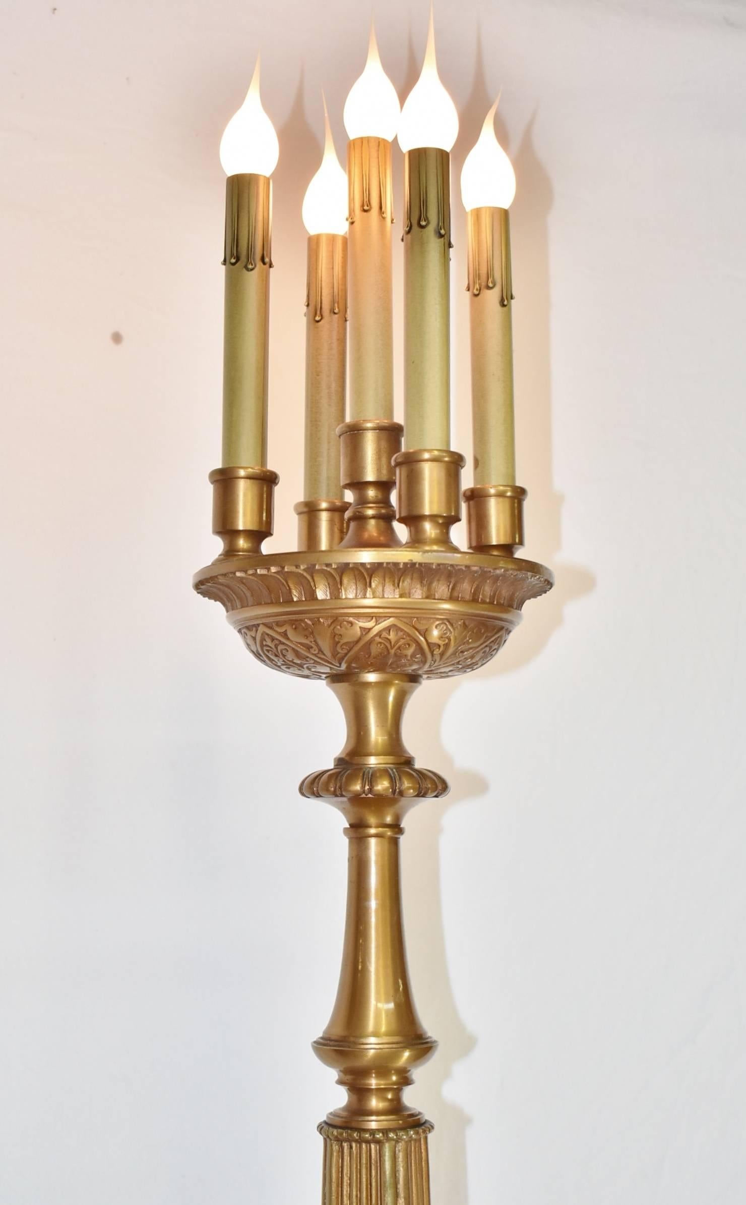 Unknown Neoclassical Bronze Five Socket Torchiere Floor Lamp Floral Openwork Details