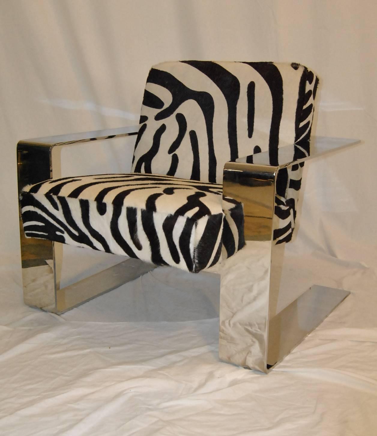 Pair of Connor Chairs with Chrome Frame and Zebra Print Cowhide