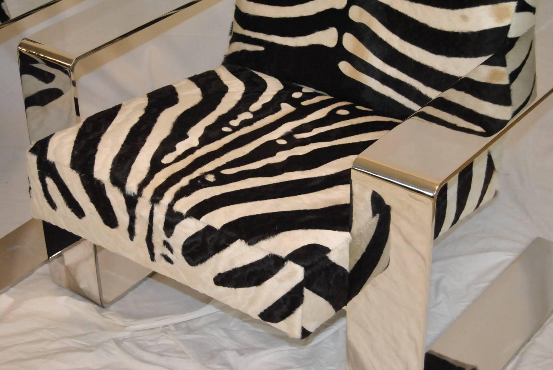 Pair of Connor Chairs with Chrome Frame and Zebra Print Cowhide Upholstery In Good Condition In Toledo, OH