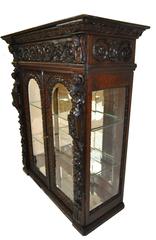 Heavily Carved Gothic Revival Oak Counter Display Cabinet, Figural Carvings