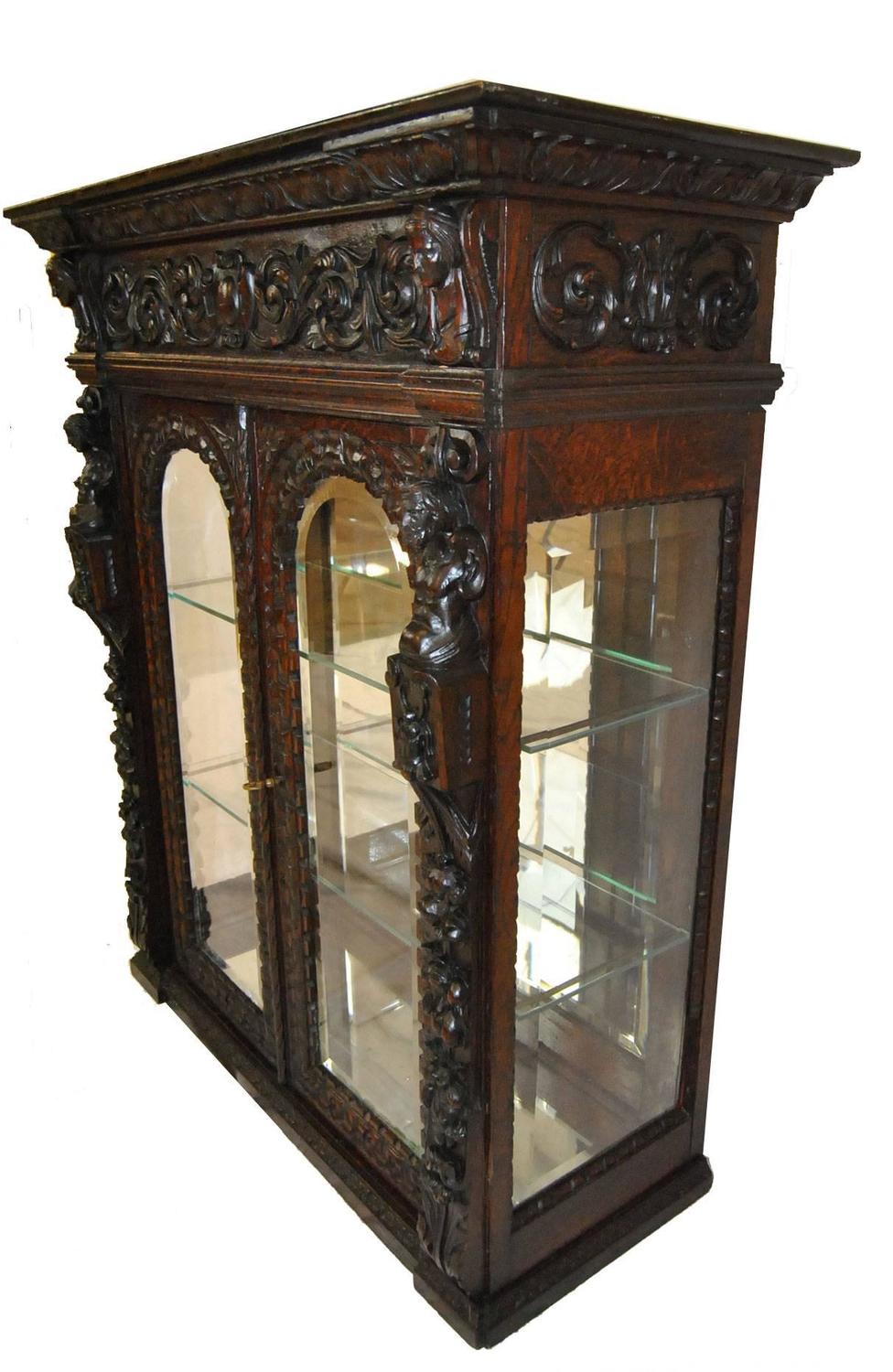 Heavily Carved Gothic Revival Oak Counter Display Cabinet Figural