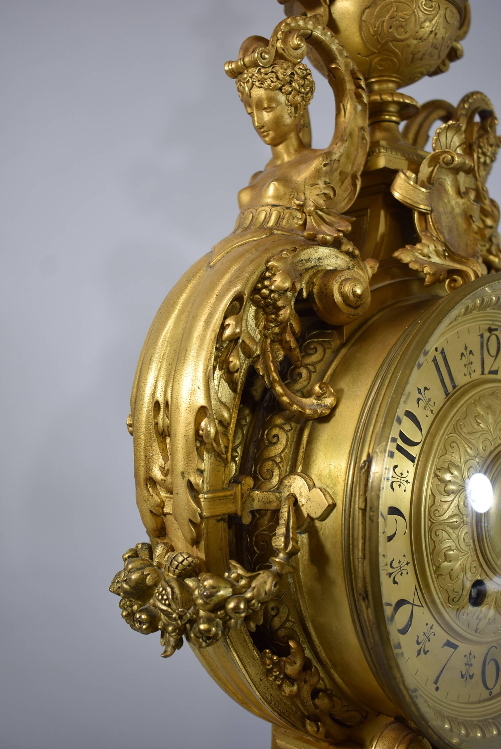French Bronze Dore Clock with Figural Details by Houdebine & Fils 3