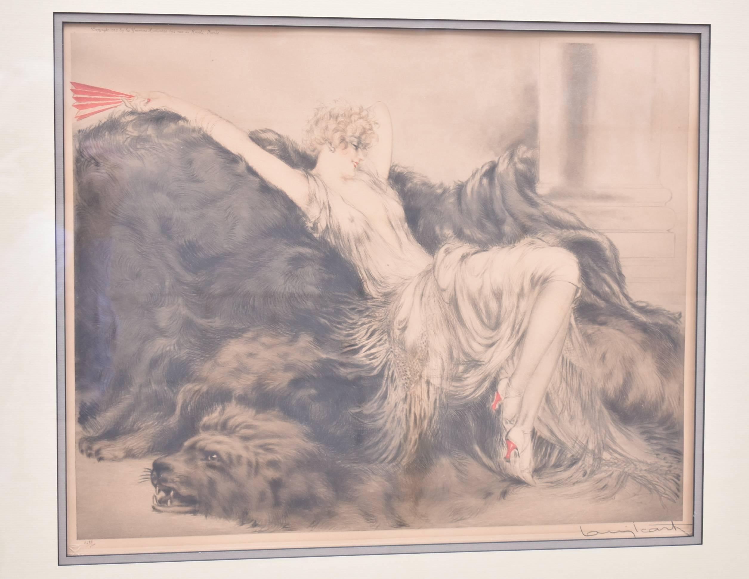 A beautiful dry point etching by Icart (circa 1888-1950). This is named Paresse and features a lady lounging on a bearskin rug. Red accents appear through the fan and the heels. Artist Signed in pencil on lower rights. Windmill stamp and number 284