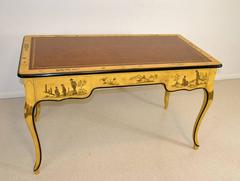 Asian Yellow Chinoiserie Desk with Tooled Leather Top by Baker Furniture