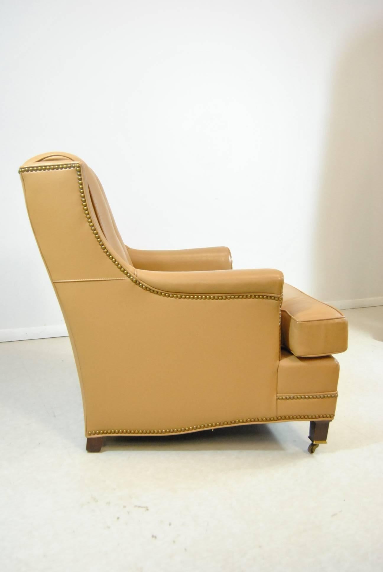 Hancock and Moore Tan Leather Club Chair and Ottoman with Nailhead Trim In Good Condition In Toledo, OH