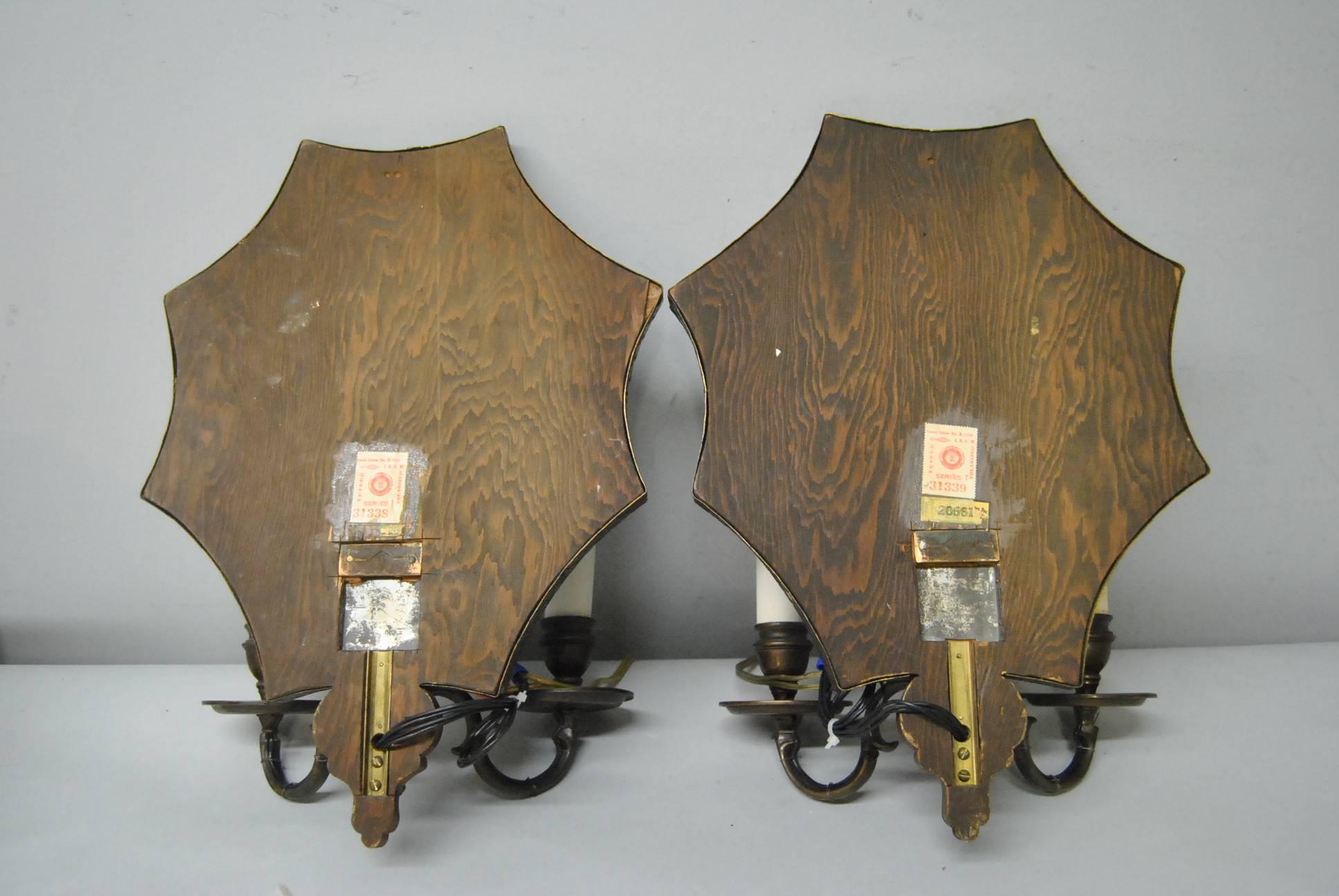 20th Century Pair of Edward Caldwell Etched Peacock and Floral Mirrored Bronze Sconces