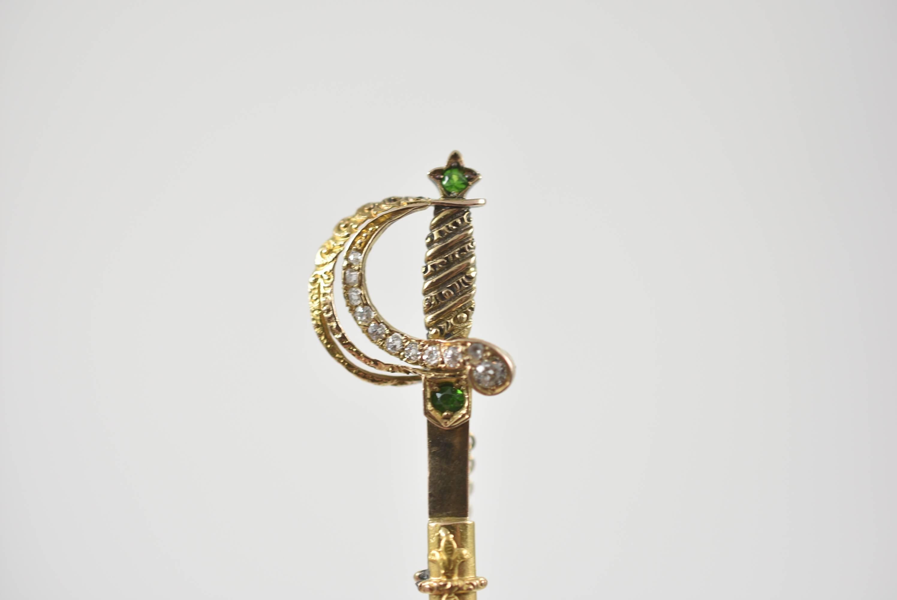 Antique Victorian 14-Karat Sword Brooch with Diamonds and Emeralds In Good Condition In Toledo, OH