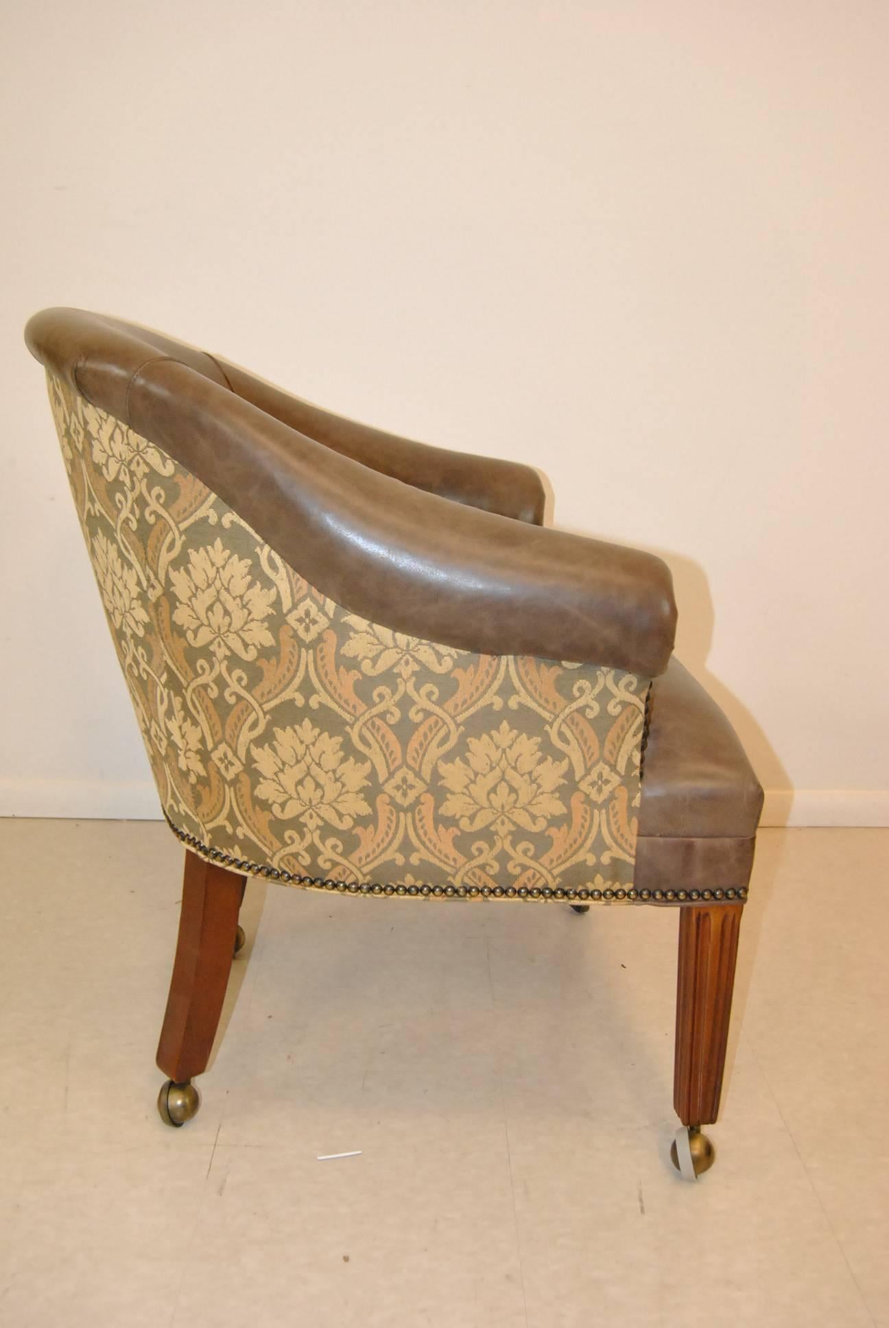 American Classical Set of Four Leather and Tapestry Upholstered Tub Chairs by Hancock & Moore