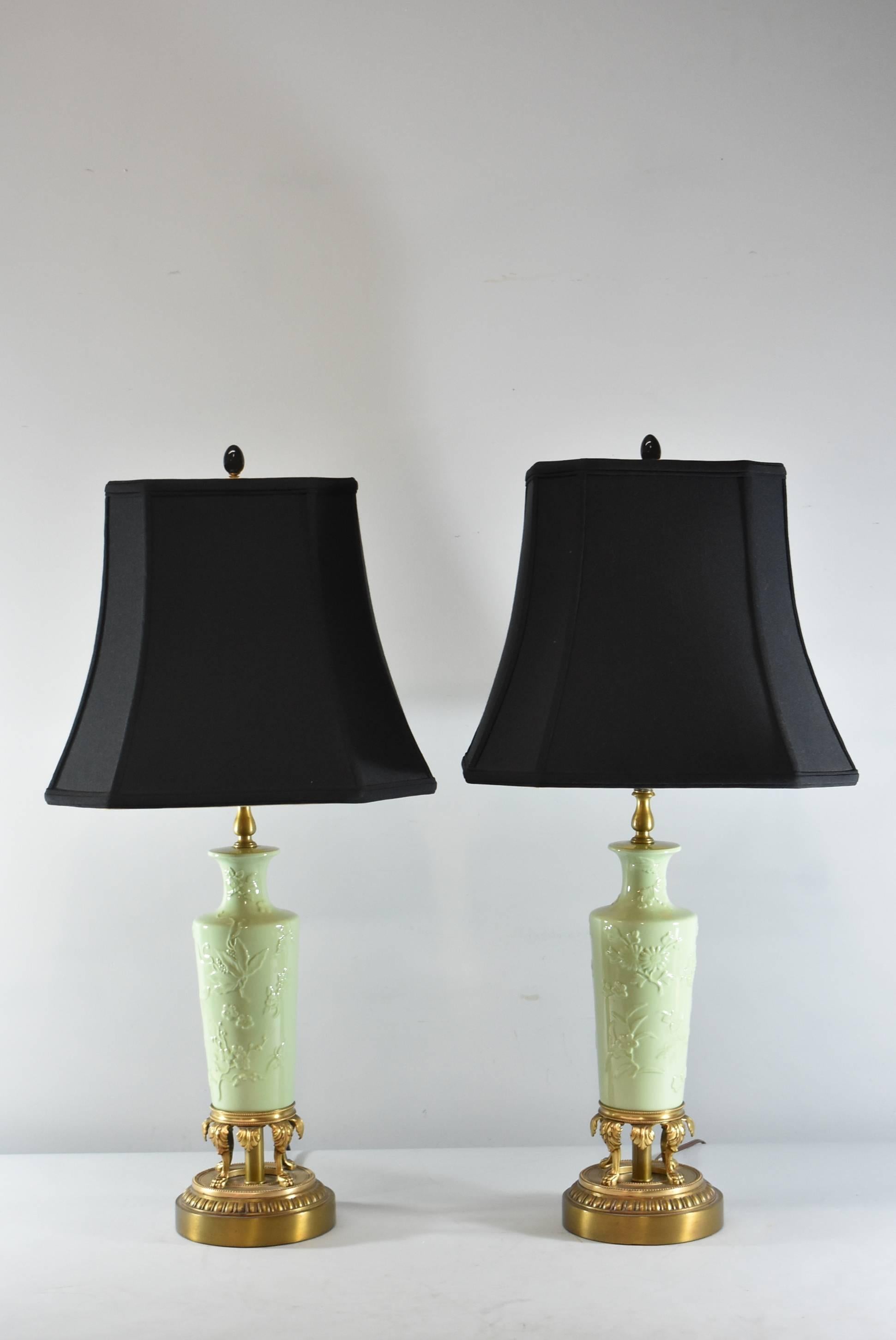 French Provincial Pair of Celadon Porcelain Brass Table Lamps