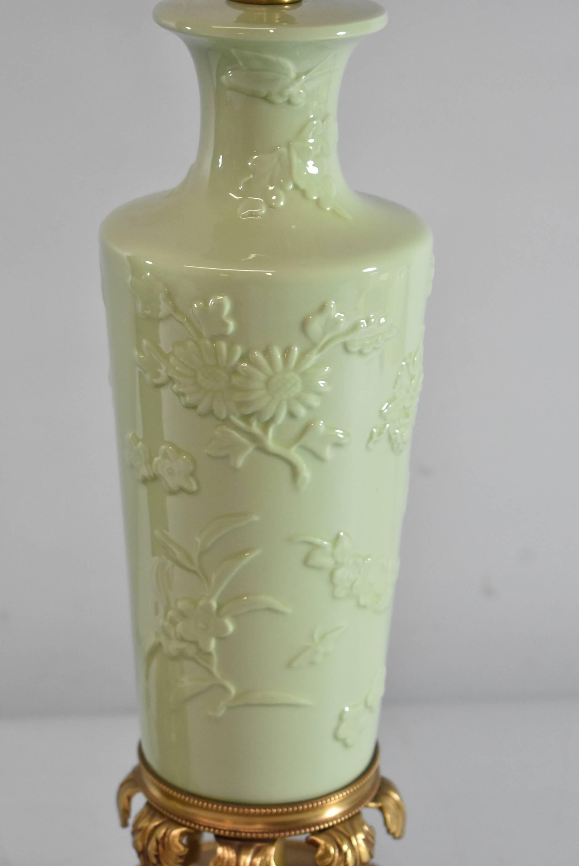 Pair of Celadon Porcelain Brass Table Lamps 1