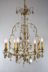 Lustre français à huit lumières avec topaze, améthyste et cristaux clairs