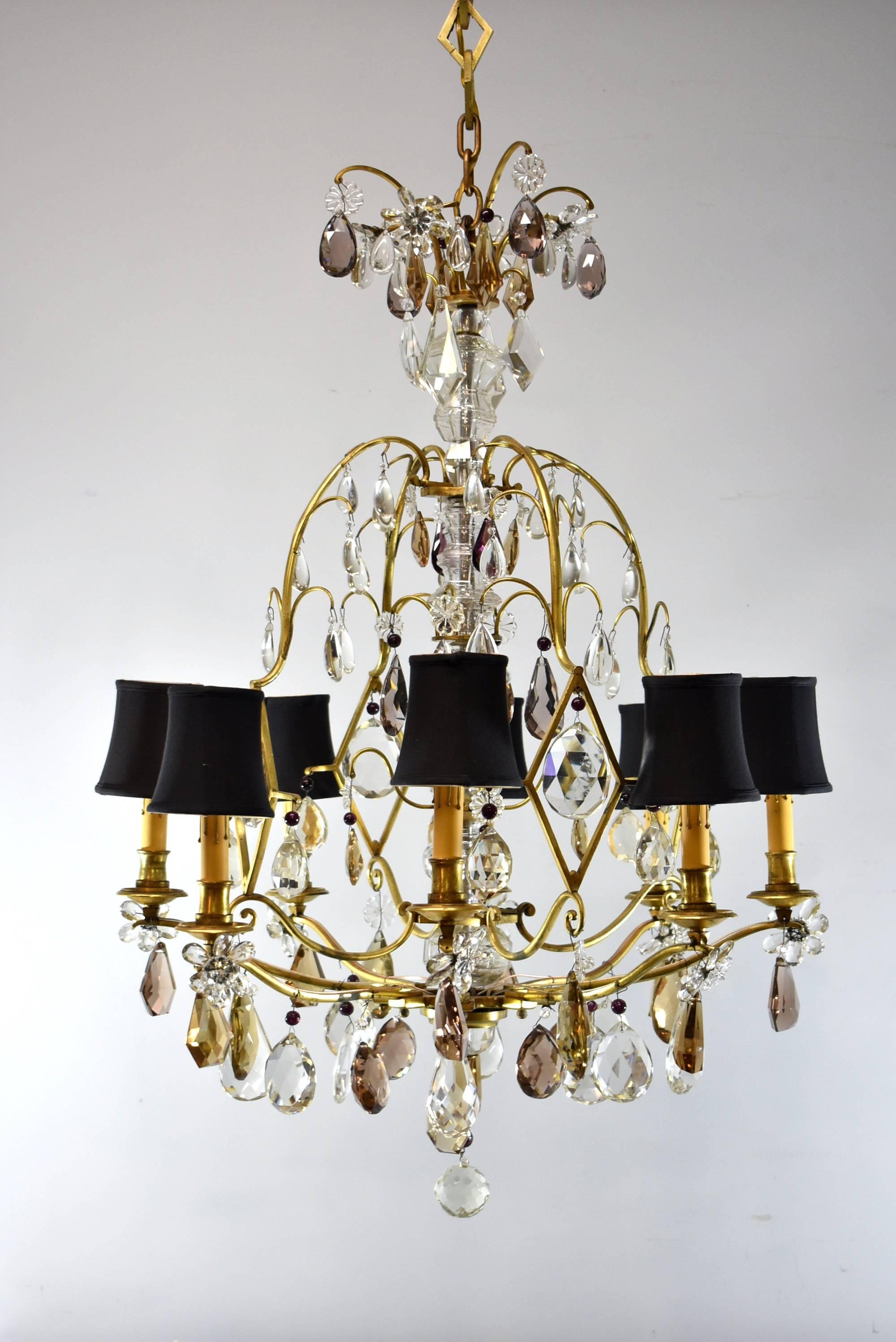 French Provincial French Eight-Light Chandelier with Topaz, Amethyst and Clear Crystals For Sale