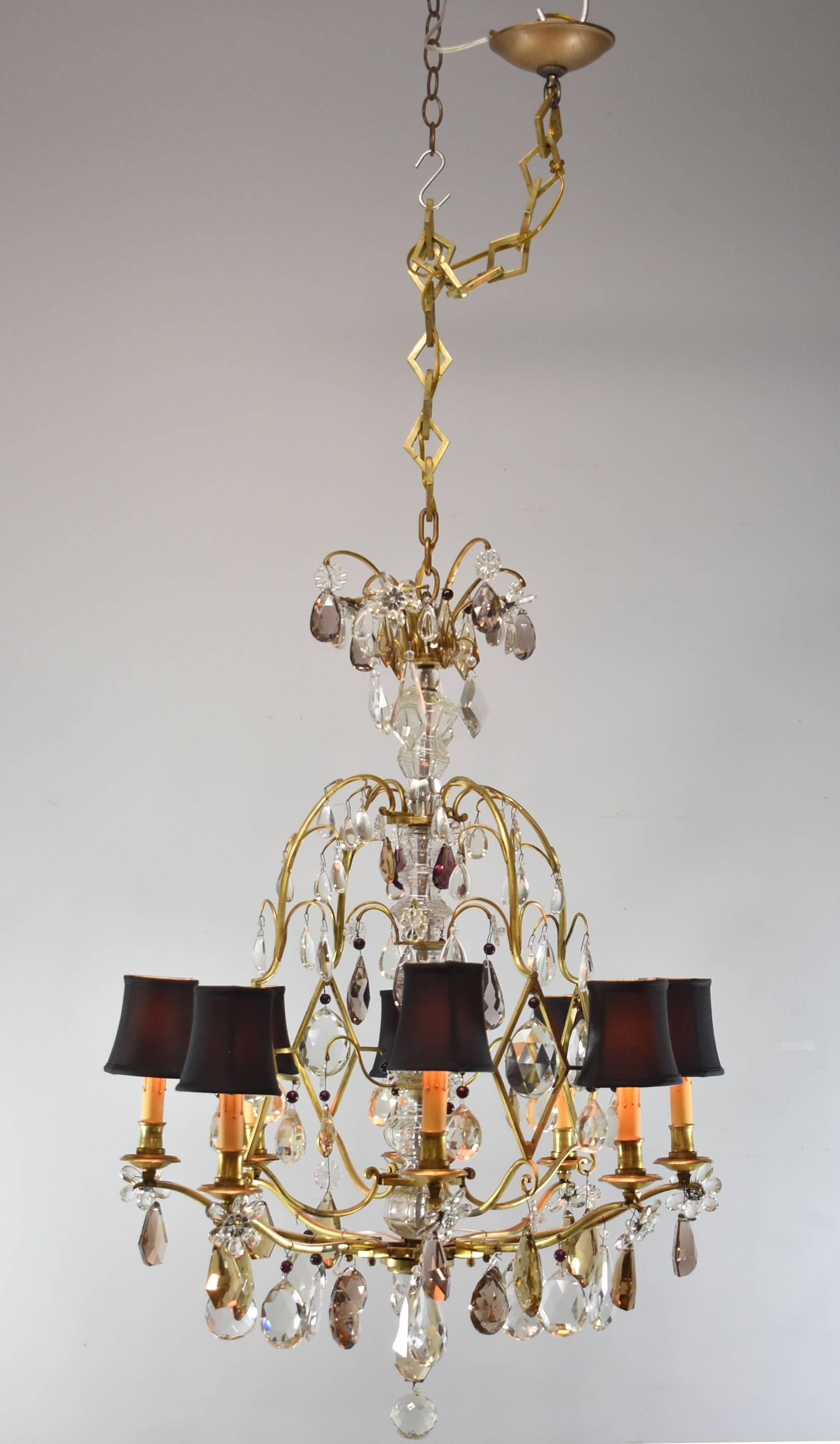 20th Century French Eight-Light Chandelier with Topaz, Amethyst and Clear Crystals For Sale