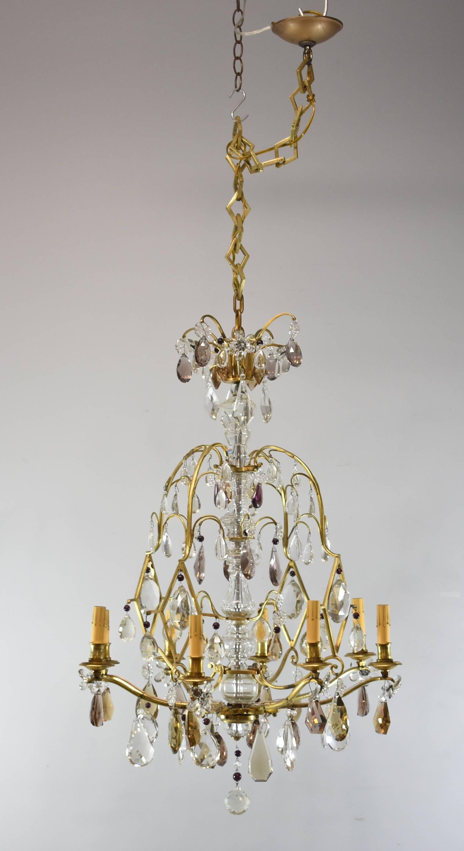 French Eight-Light Chandelier with Topaz, Amethyst and Clear Crystals In Good Condition For Sale In Toledo, OH