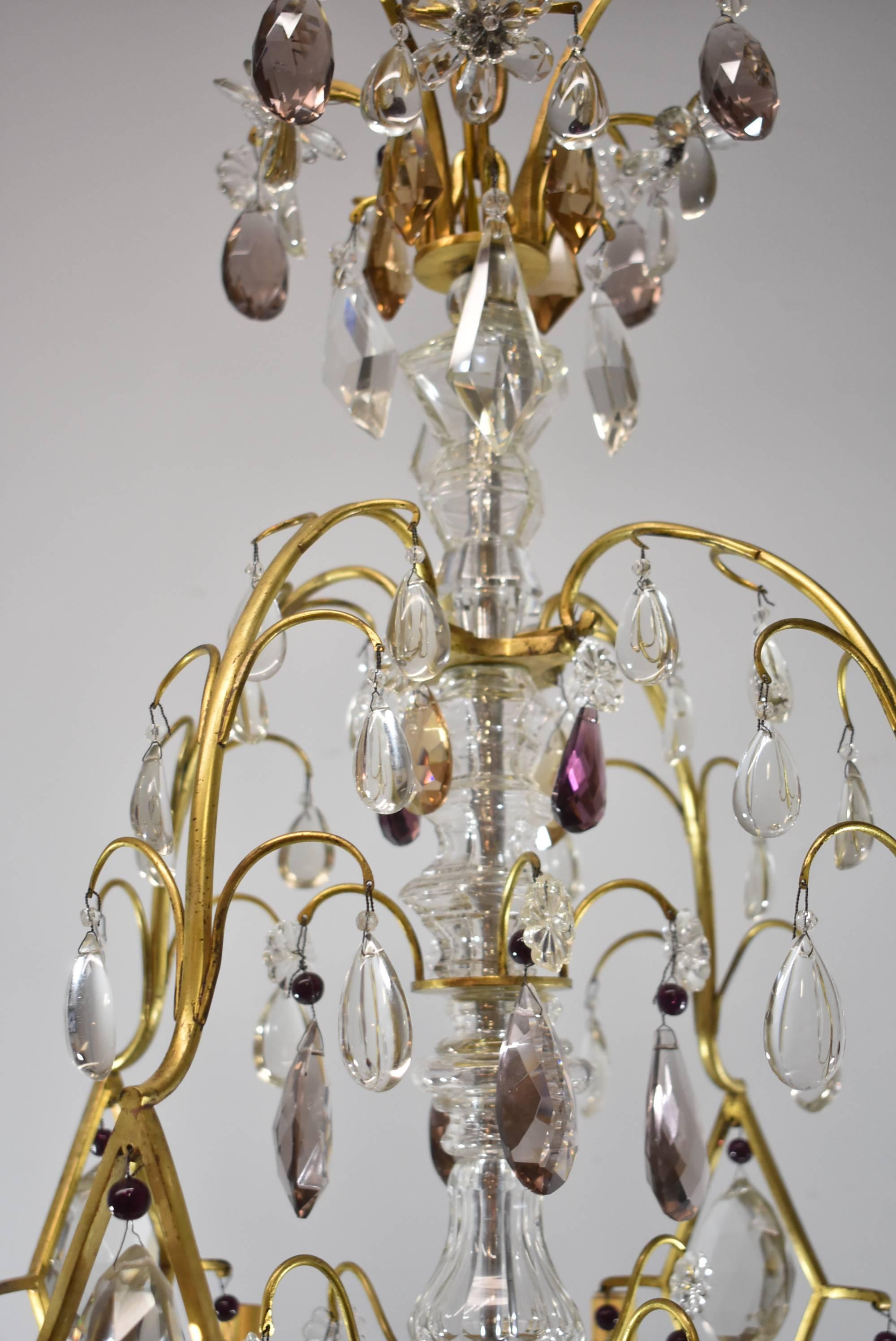 French Eight-Light Chandelier with Topaz, Amethyst and Clear Crystals For Sale 4
