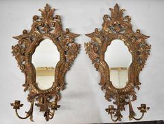 Pair of Large-Scale Hand-Carved Wall Sconce Candleholders with Beveled Mirror