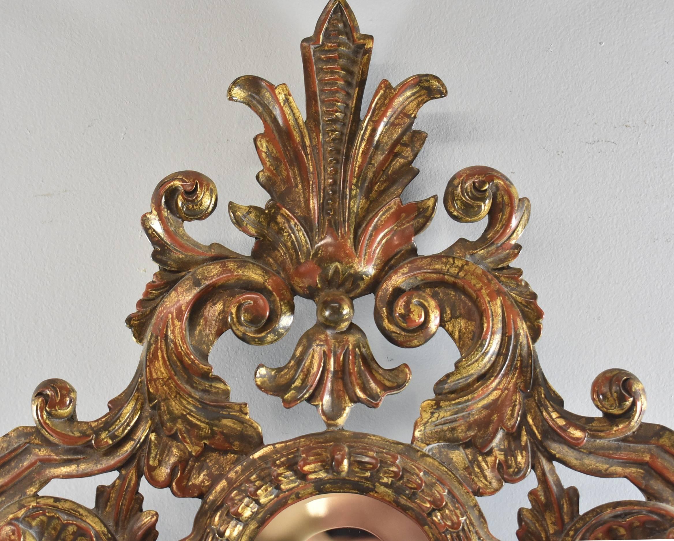 Pair of Large-Scale Hand-Carved Wall Sconce Candleholders with Beveled Mirror In Good Condition In Toledo, OH