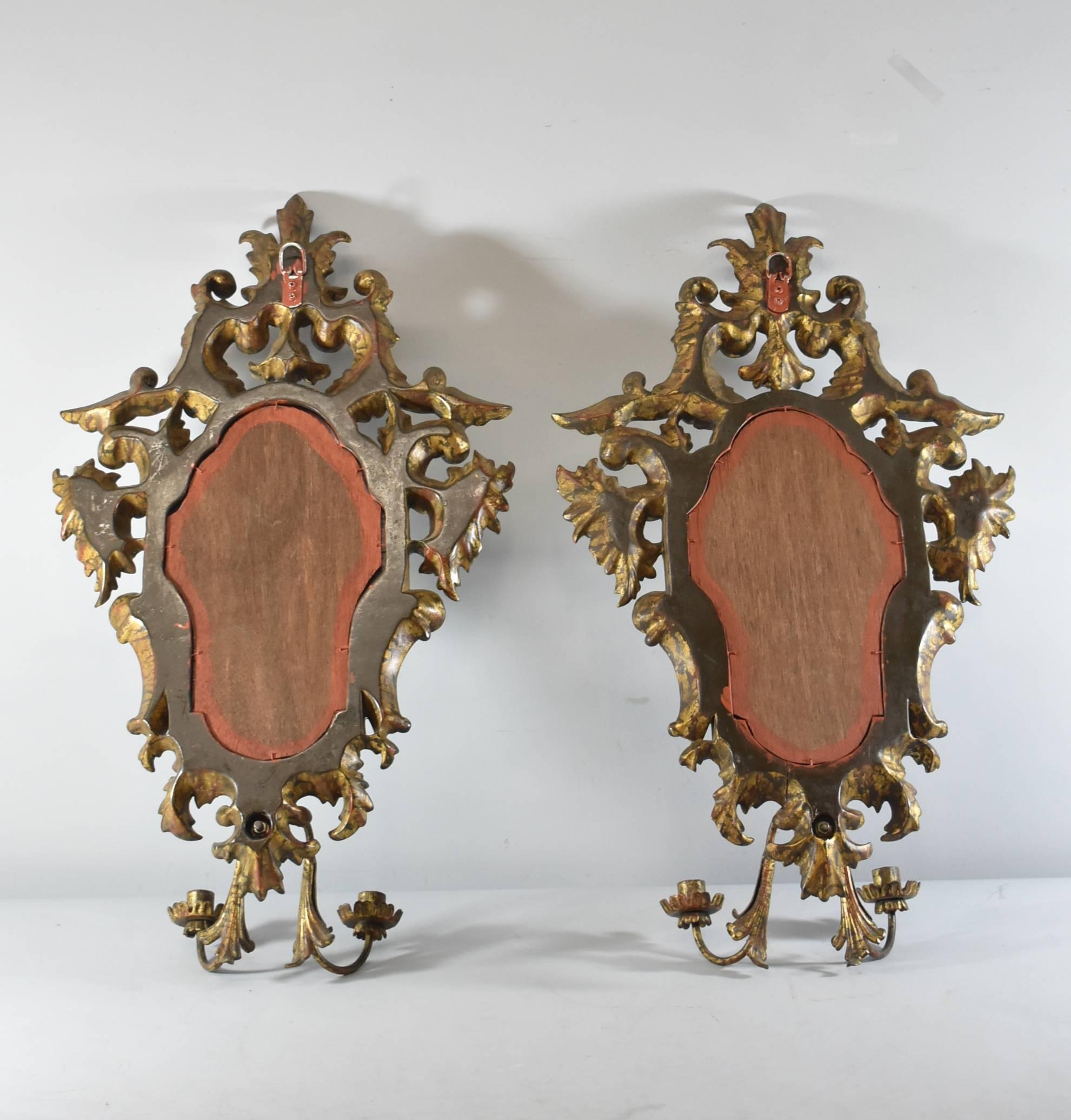 Pair of Large-Scale Hand-Carved Wall Sconce Candleholders with Beveled Mirror 2
