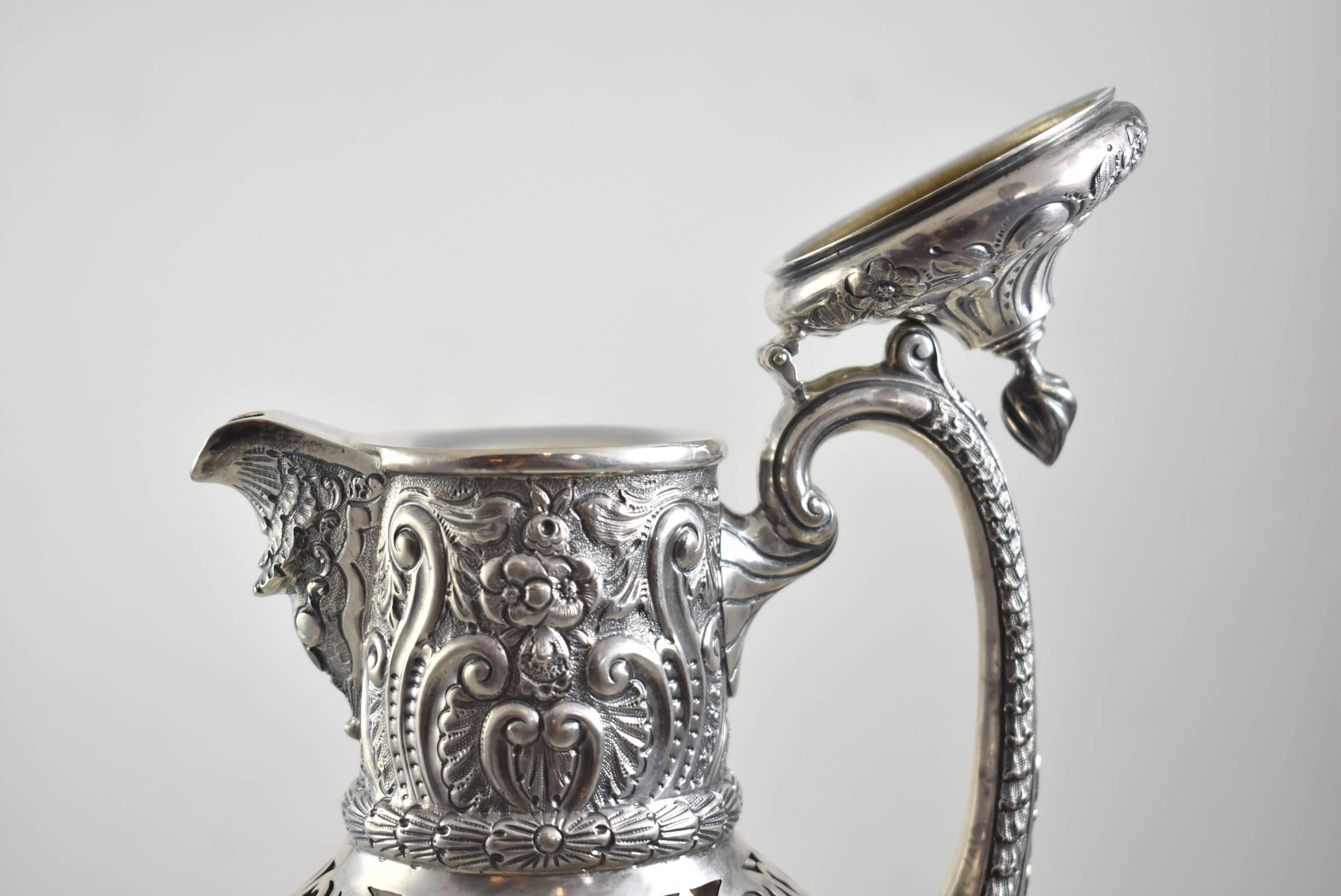 English 19th Century Sterling Silver and Etched Glass Pitcher by George Elder