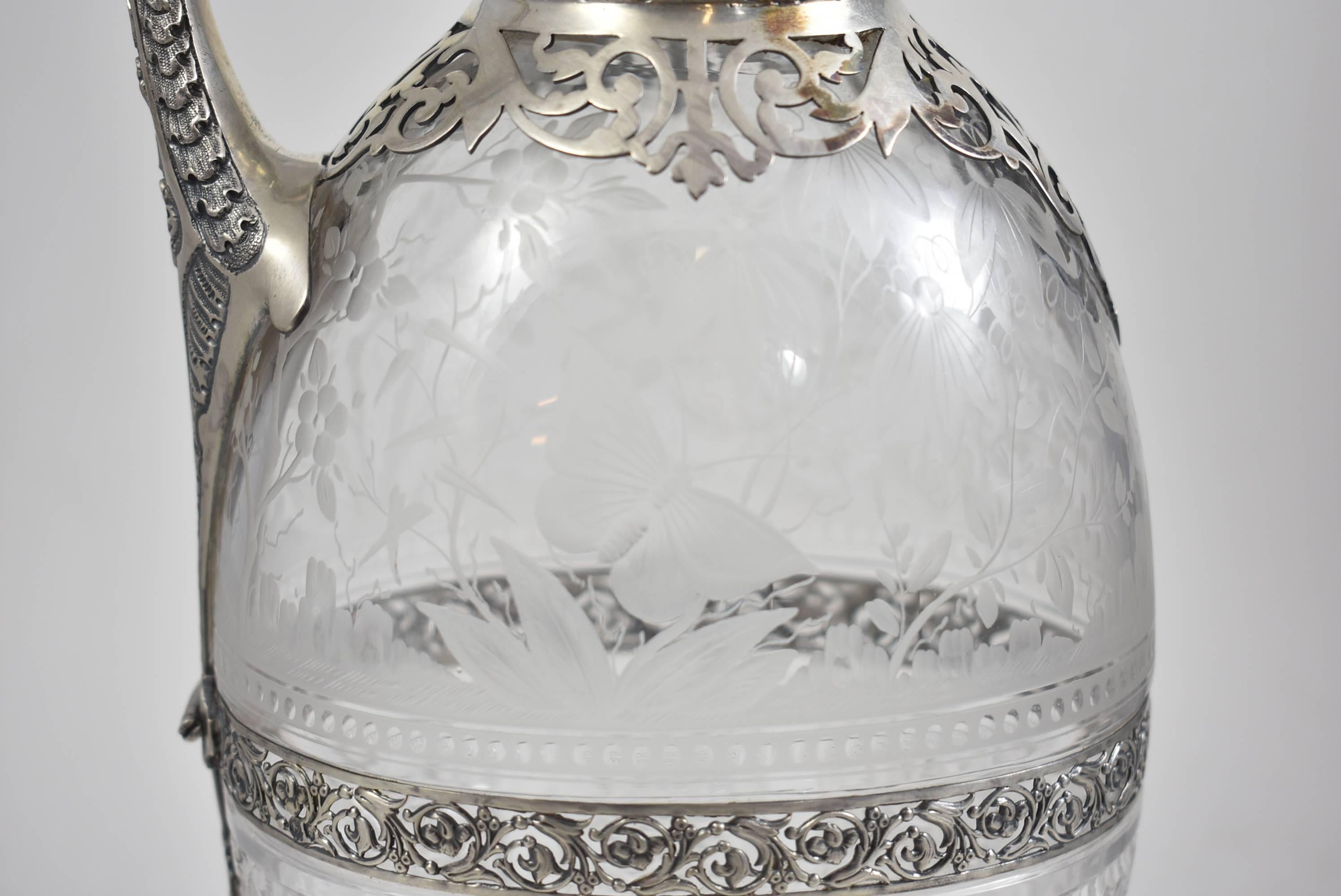 19th Century Sterling Silver and Etched Glass Pitcher by George Elder 1