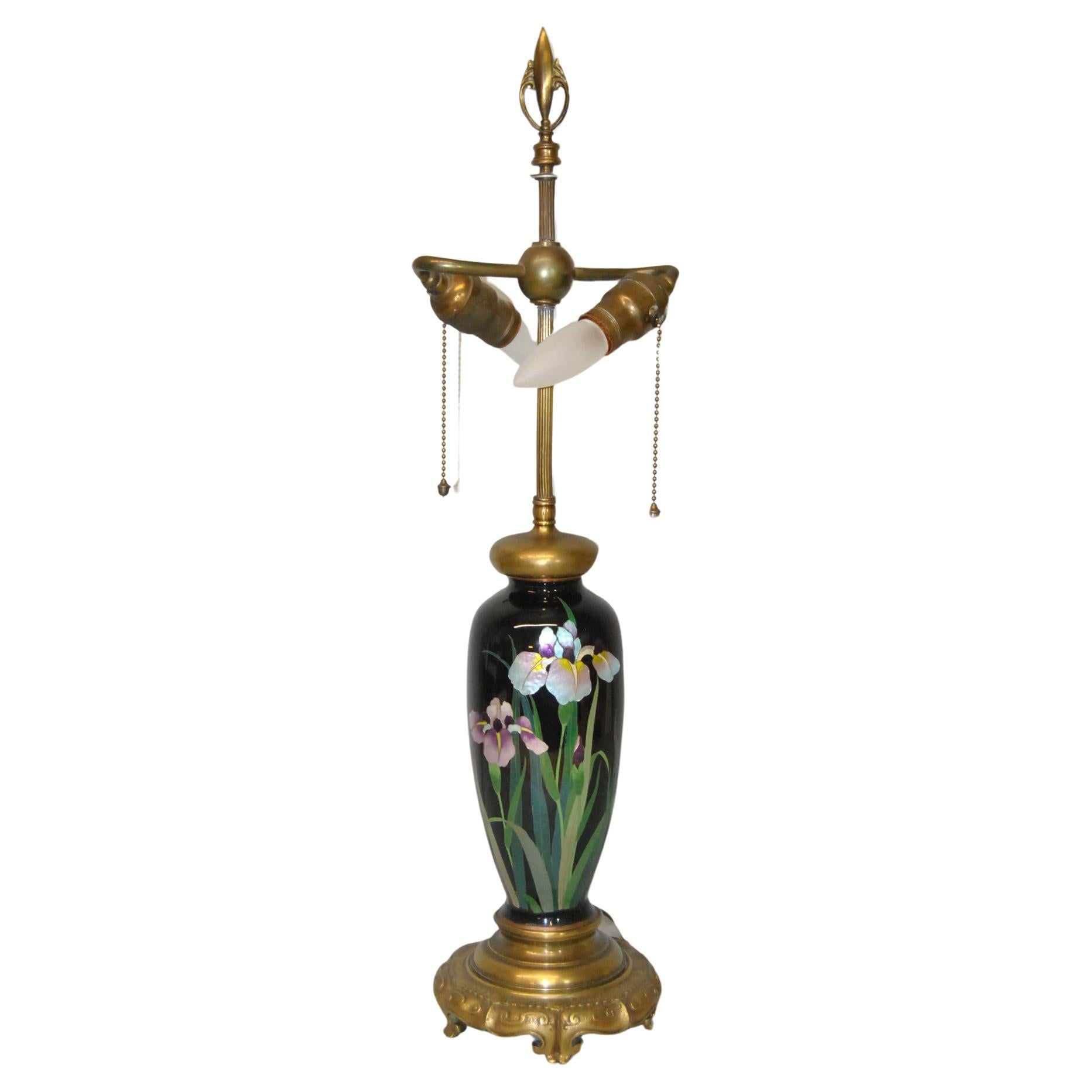Japanese Meiji Cloisonné Enamel Brass Table Lamp with Double Socket For Sale