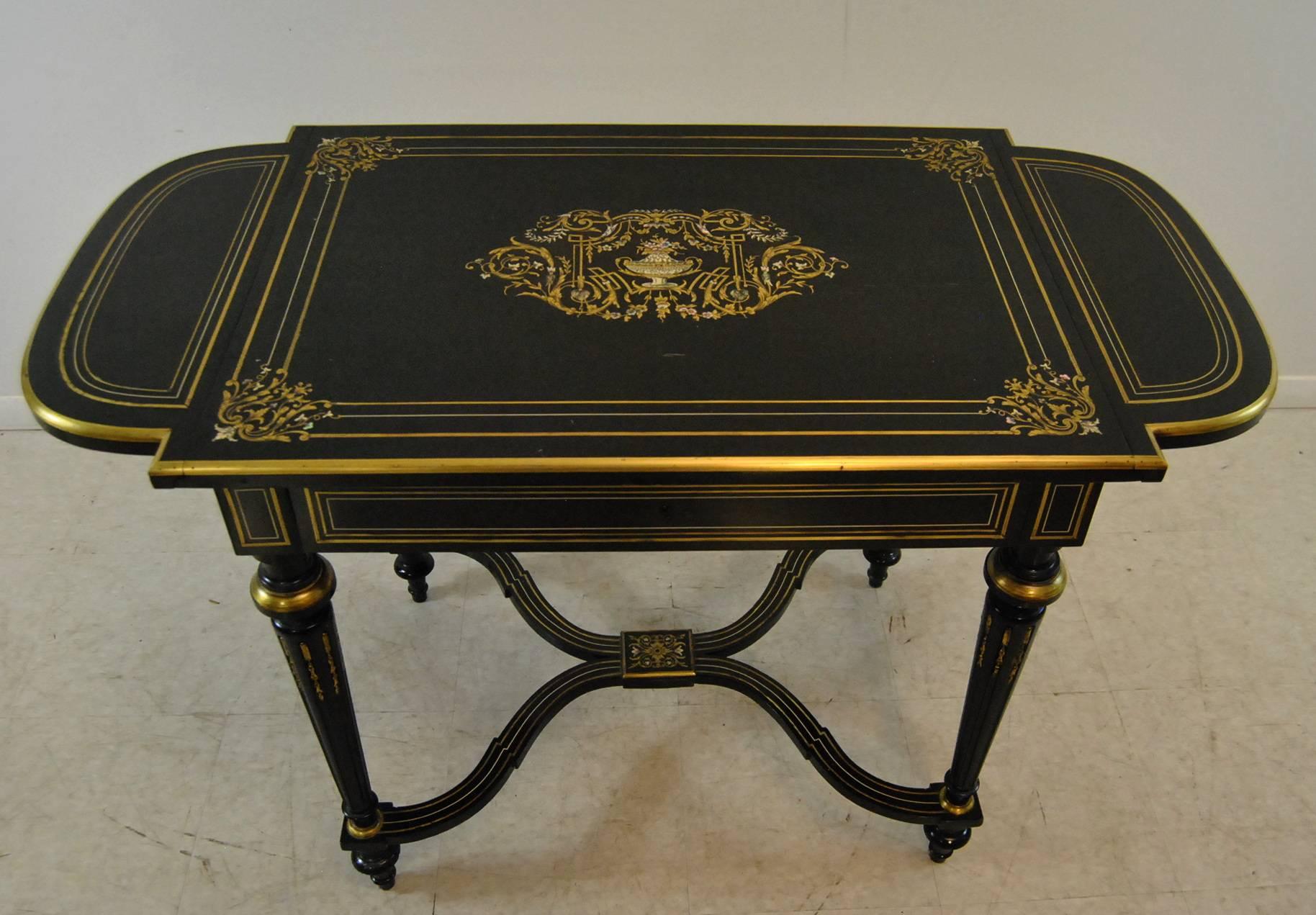 Wood 19th Century Ebonized Drop Leaf Table with Inlaid Mother-of-Pearl and Brass For Sale