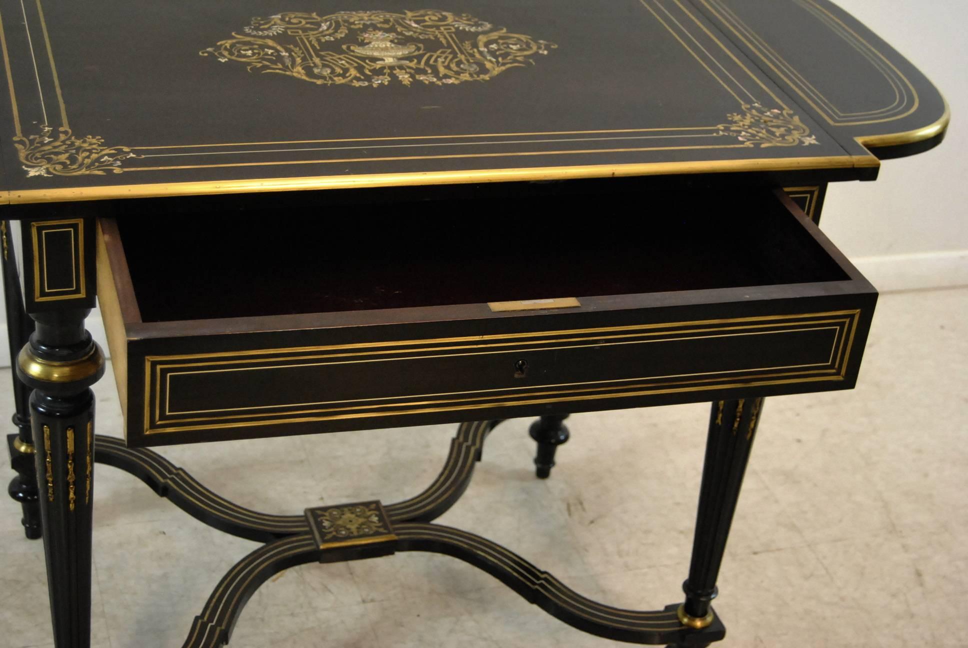 19th Century Ebonized Drop Leaf Table with Inlaid Mother-of-Pearl and Brass For Sale 5