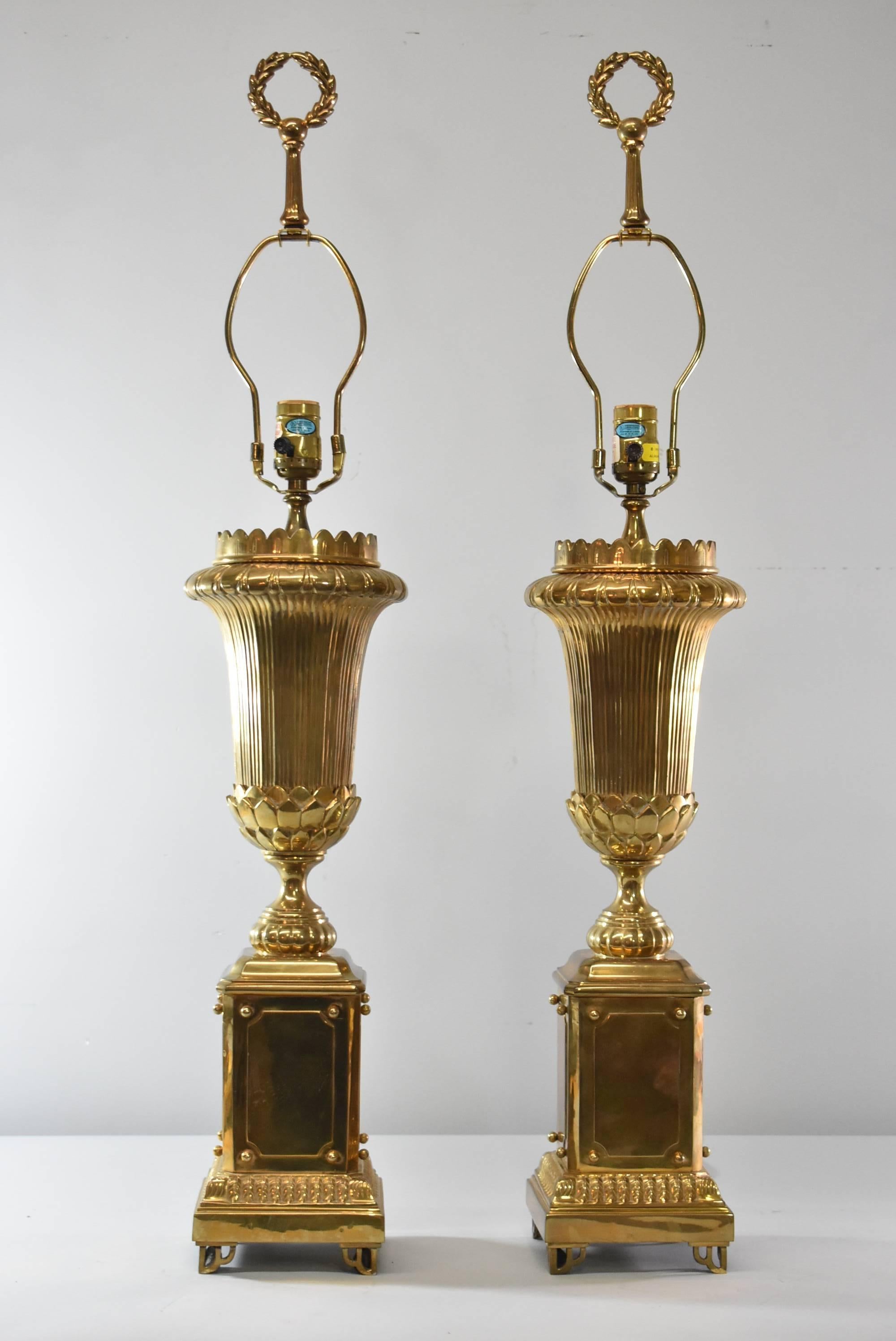 Modern Pair of Chapman Brass Table Lamps Torch Form with Wreath Finial, circa 1990