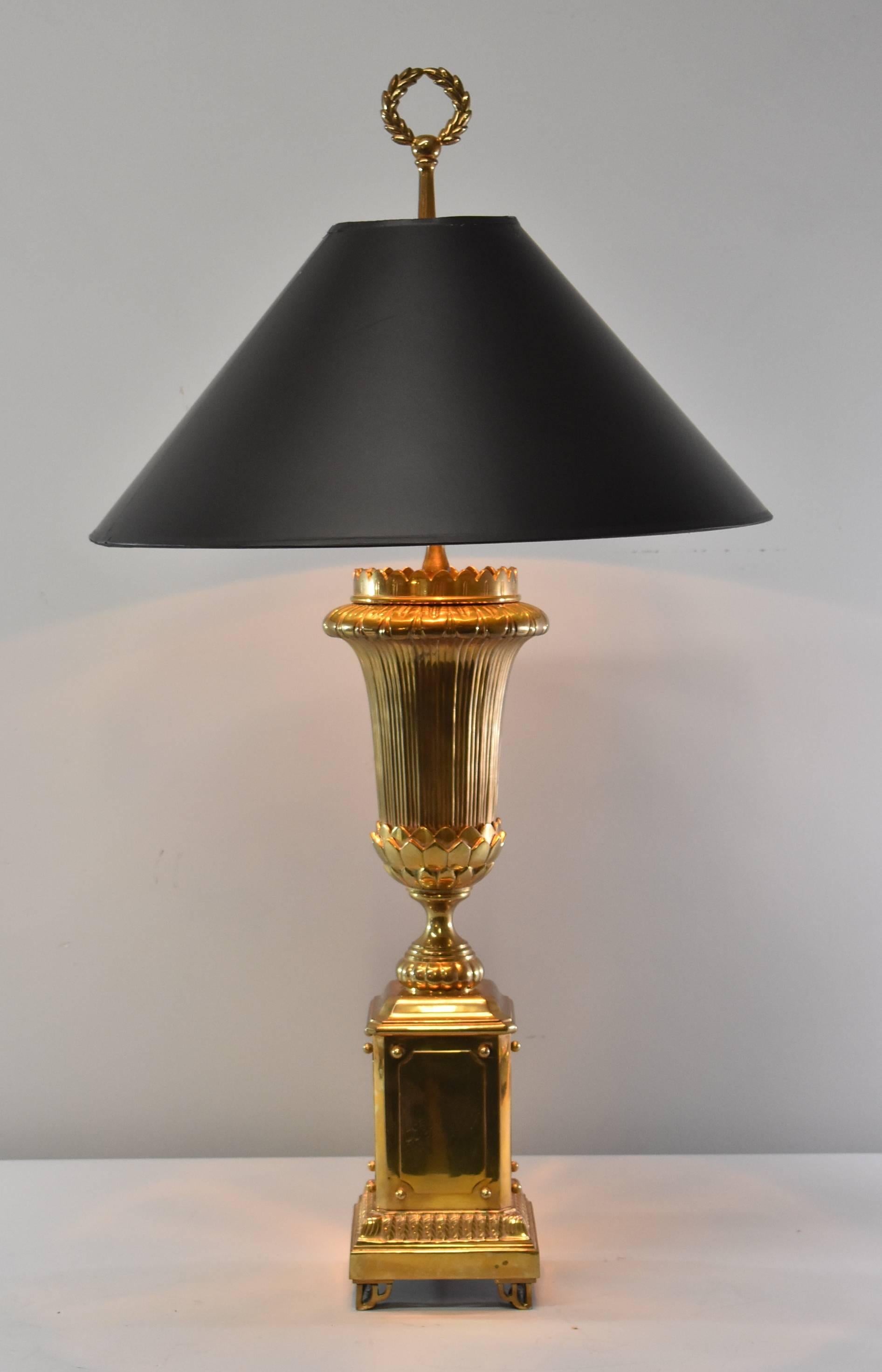 Pair of Chapman Brass Table Lamps Torch Form with Wreath Finial, circa 1990 4