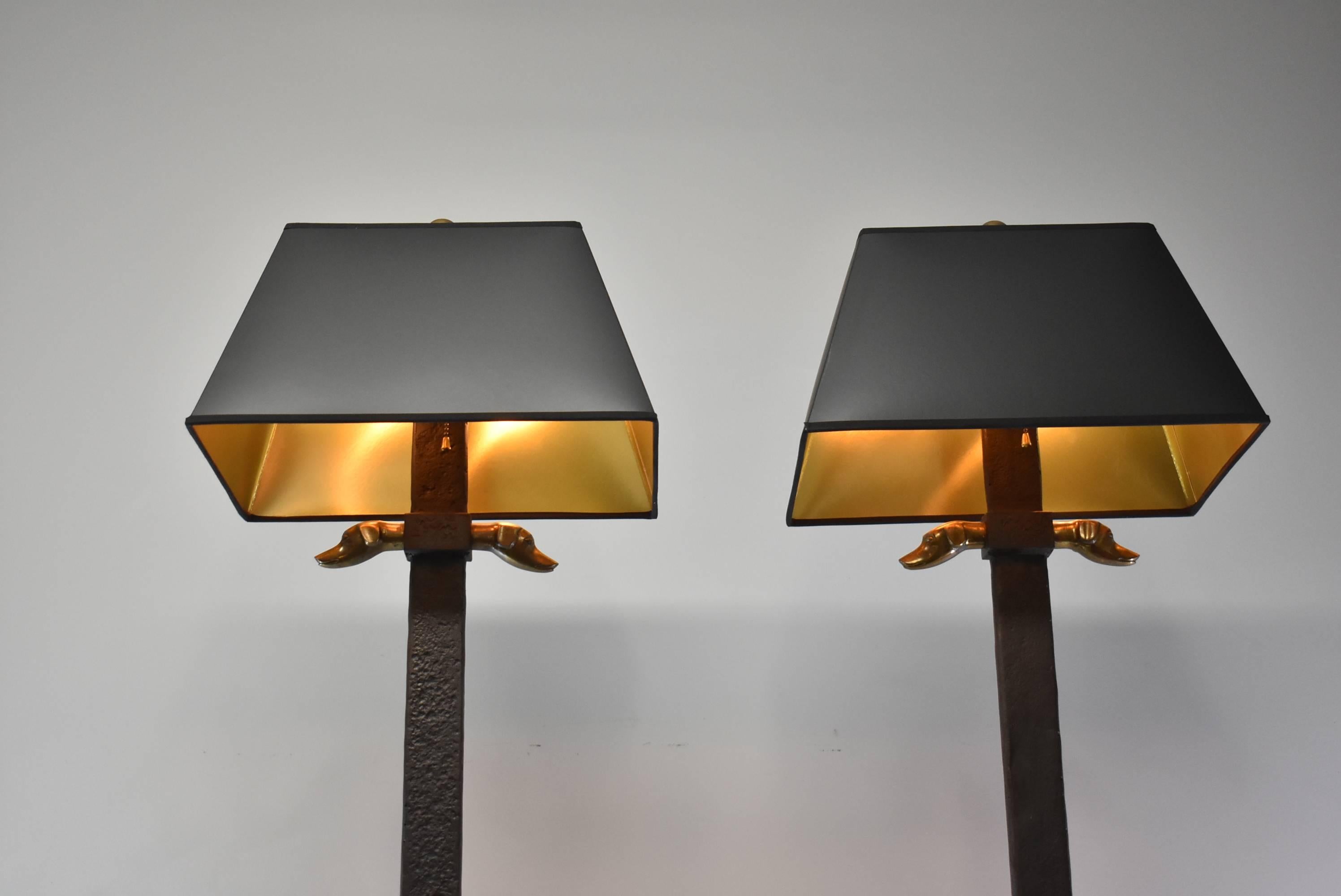 Forged Pair of Iron Floor Lamps with Brass Dog Head Details by Chapman