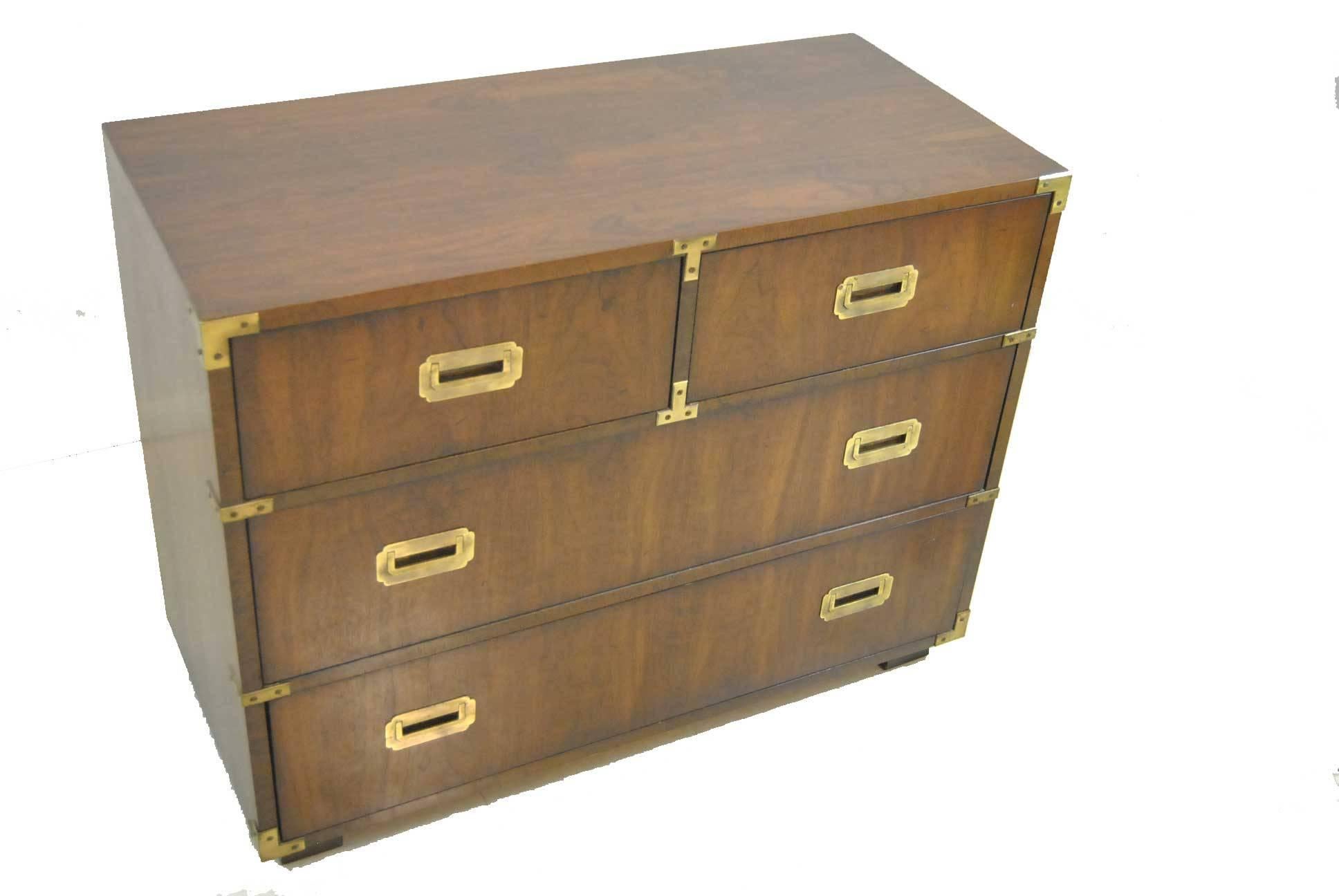 A stunning Campaign style chest by Lane Furniture. This beautiful chest features real brass trim, brass hardware and dovetailed drawers. Great condition with a refinished top. This piece offers a timeless design that mixes easily with both