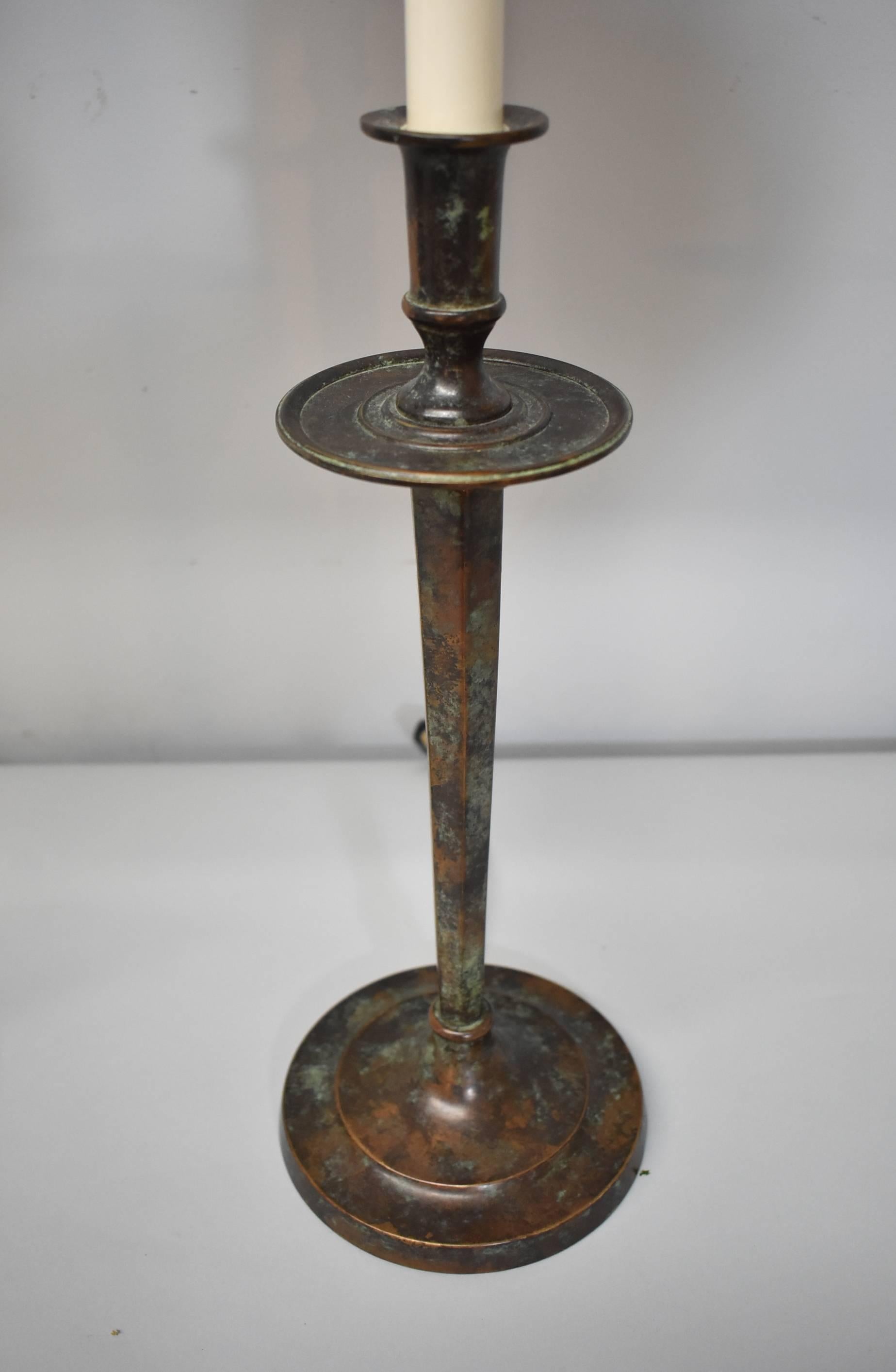 Modern Pair of Maitland-Smith Buffet Lamps with Verdigris Copper Finish & Copper Shades