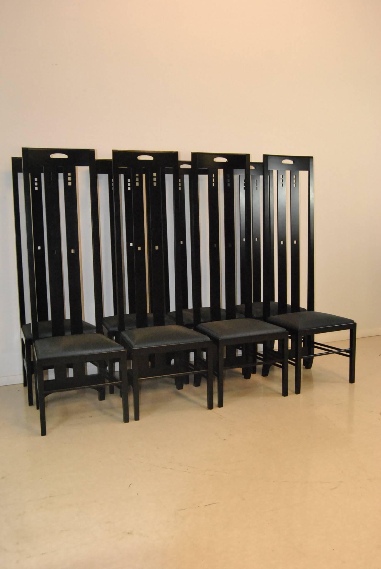 This black lacquered high back chair was designed by Charles Rennie Mackintosh and produced posthumously sometime, circa 1970. The chair was produced by Cassina in solid ash with ebony finish. The chairs name is taken from the Ingram tea rooms in