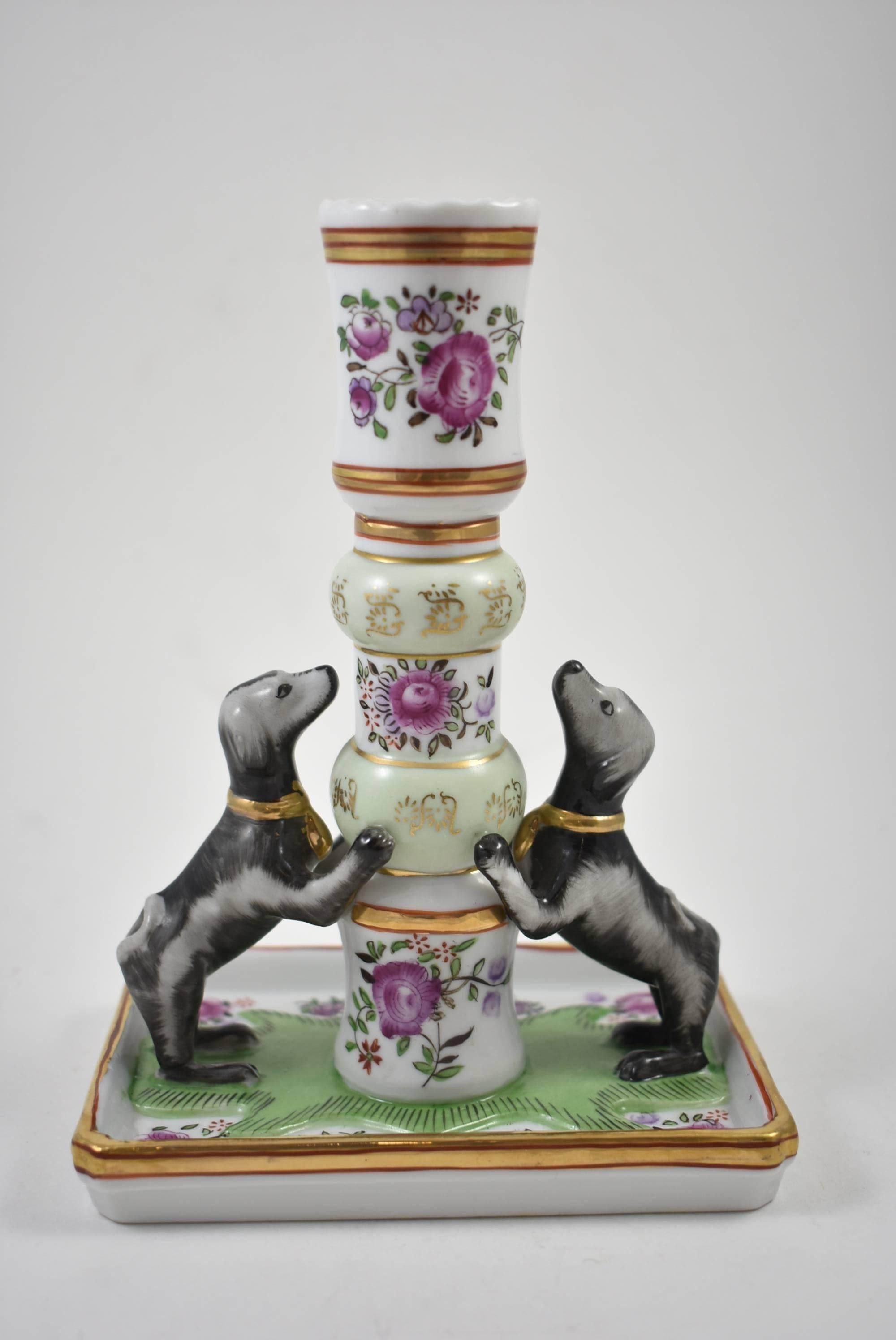Pair of Hand-painted Porcelain Rose Famille Candleholders with Dogs by Mottahedeh
