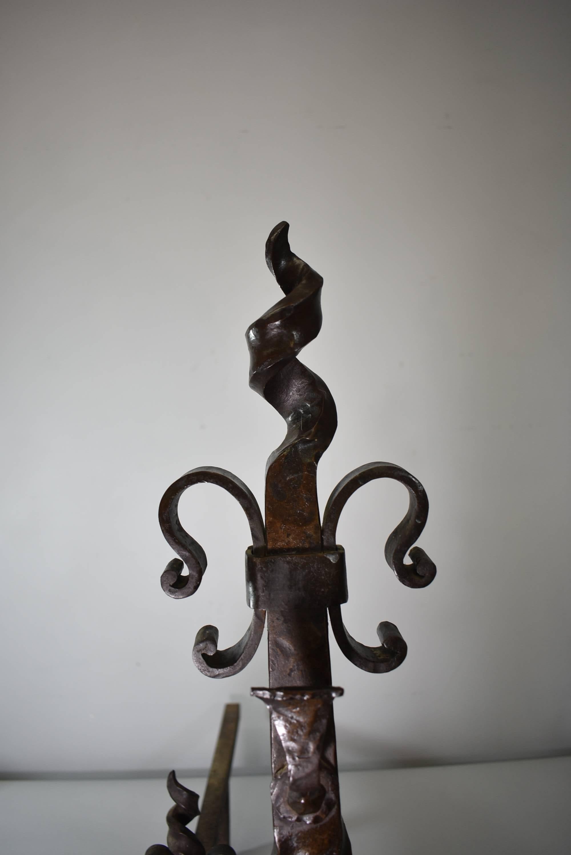 American Pair of Gothic Revival Hammered Forged Iron Andirons Attributed to Yellen For Sale