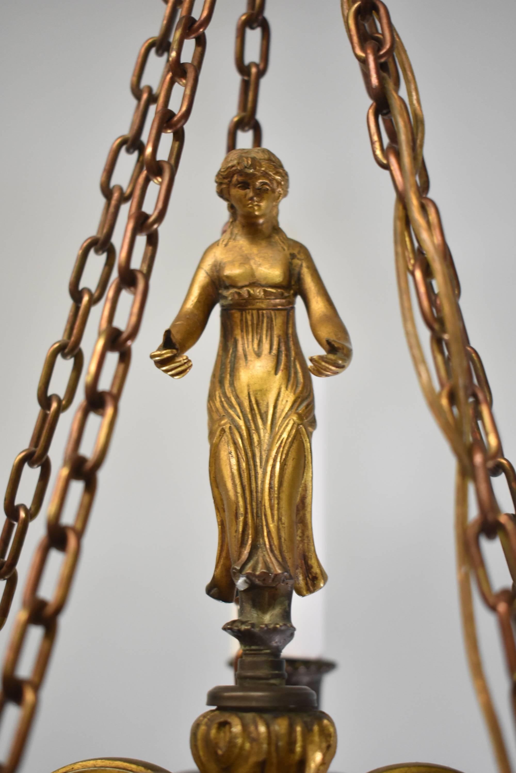 Small-Scale French Bronze Five-Arm Chandelier with Female Figure 2