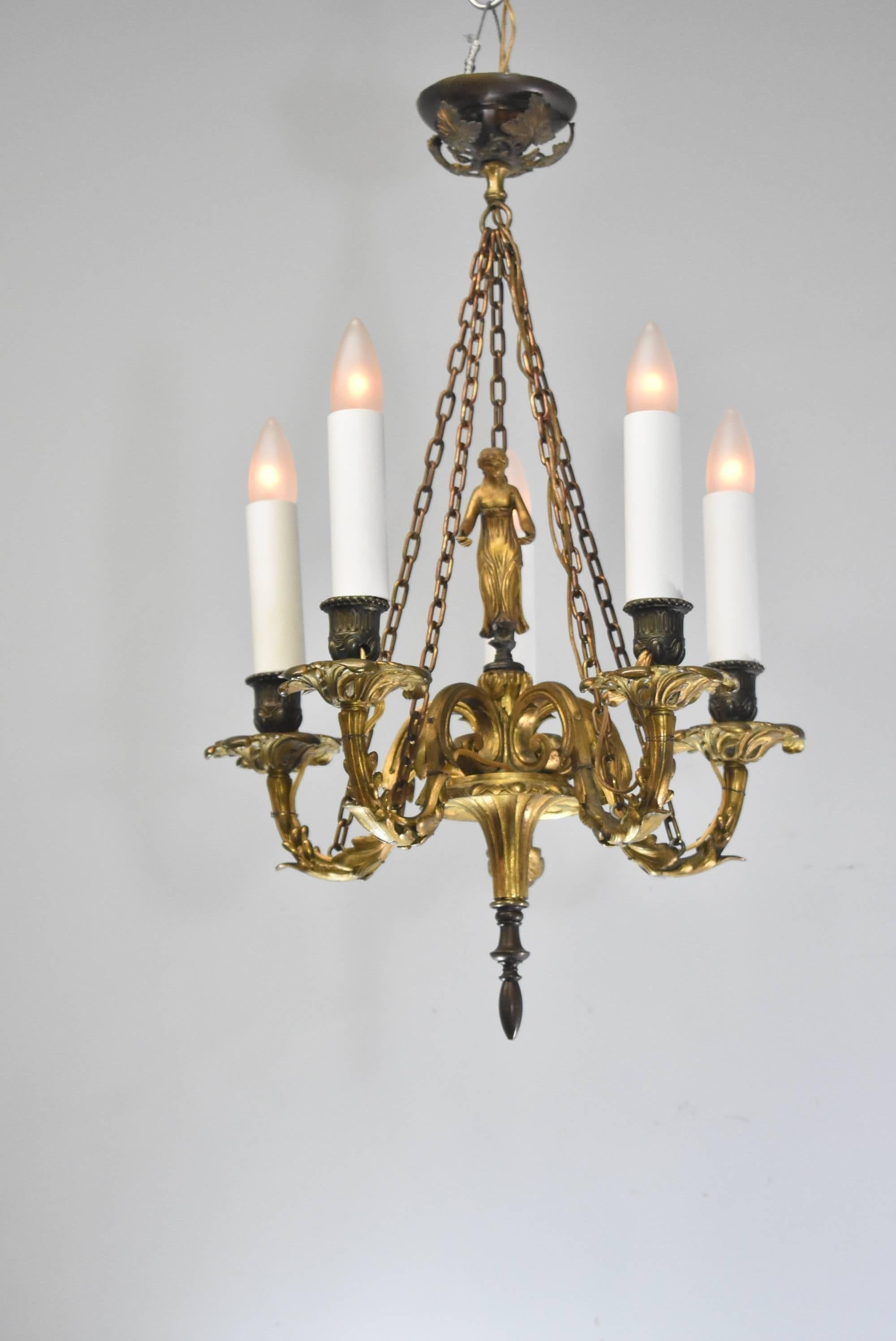 20th Century Small-Scale French Bronze Five-Arm Chandelier with Female Figure