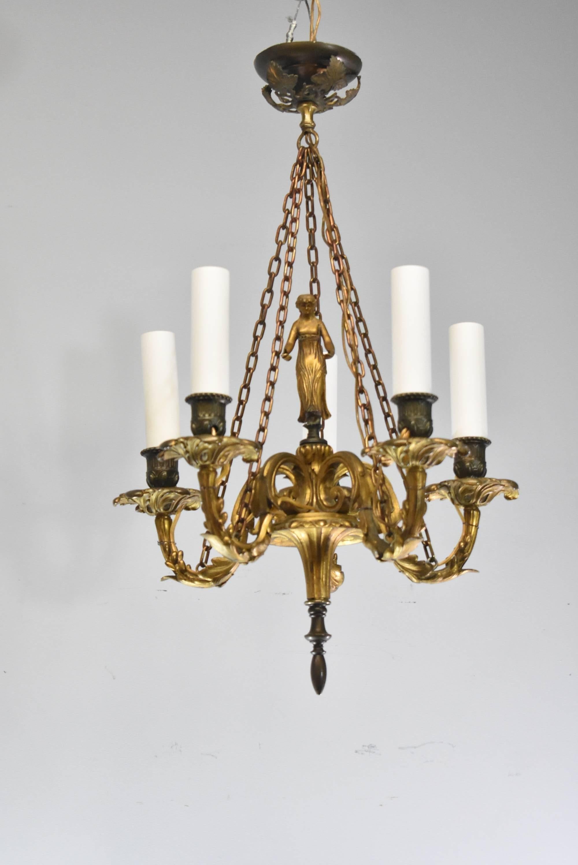 Small-Scale French Bronze Five-Arm Chandelier with Female Figure In Good Condition In Toledo, OH