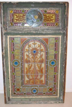 Victorian Two-Piece Painted Stained Leaded Glass Landing Window, circa 1880s,