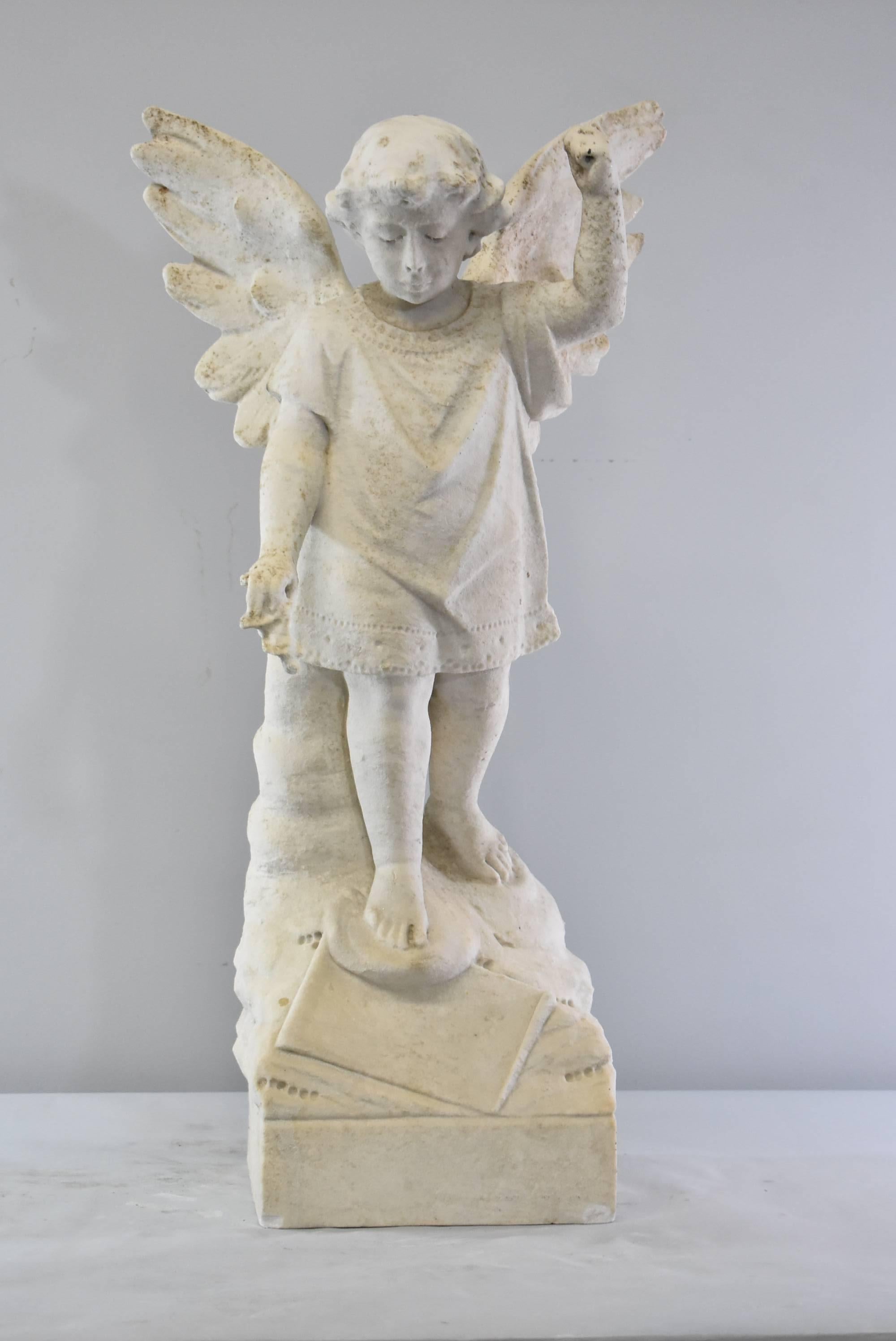 Antique Outdoor Garden Winged Angel or Child Marble Sculpture 2