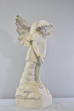 Antique Outdoor Garden Winged Angel or Child Marble Sculpture
